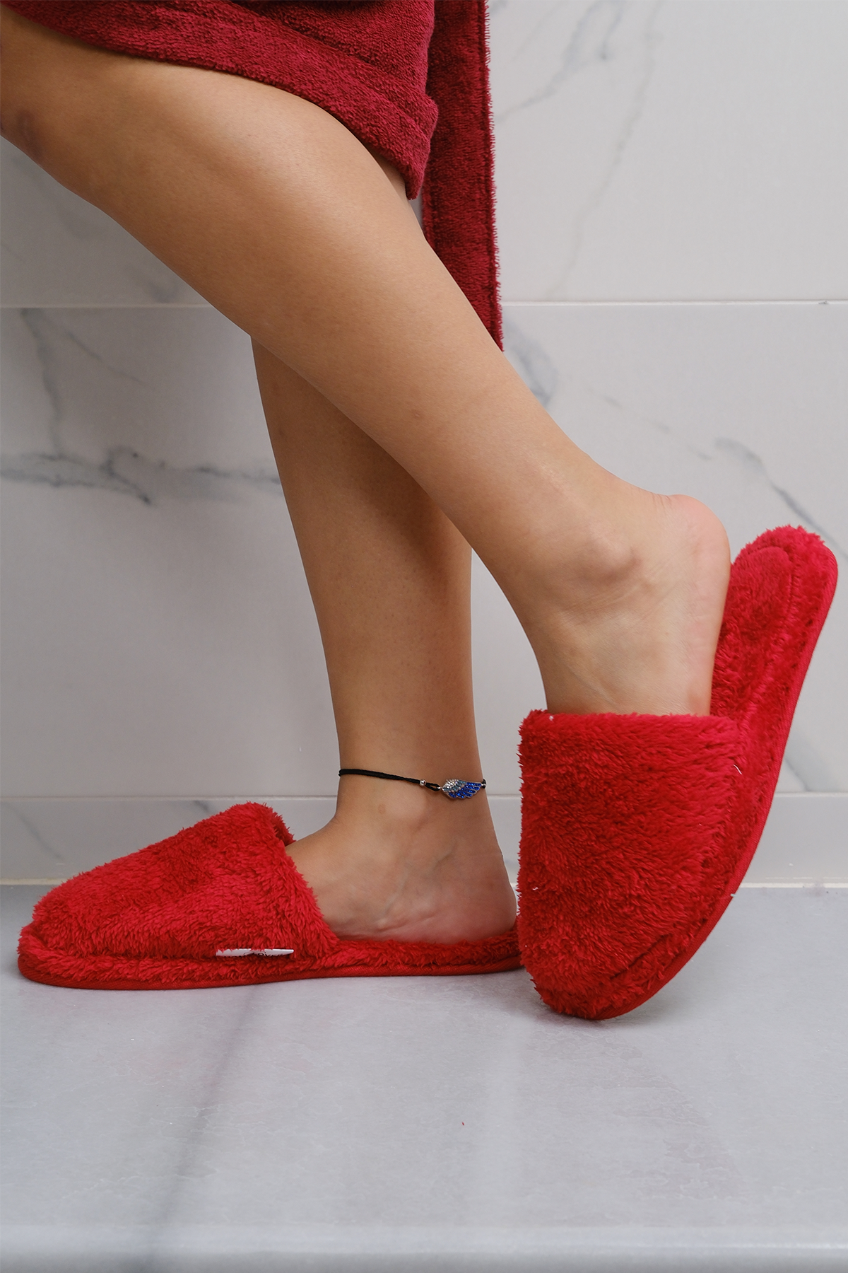 Homelover Pamuklu Özel Tasarım Peluş Kalın Tabanlı Duş Sonrası Banyo Ev Terliği