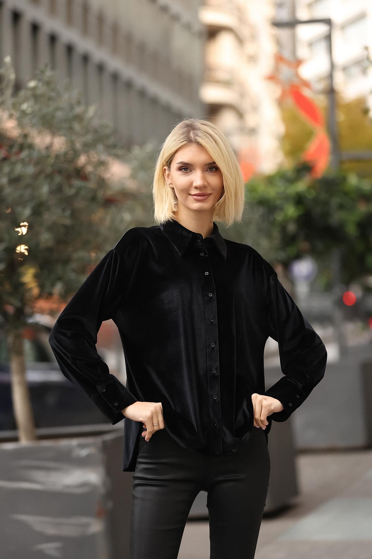 Kadın Siyah Kadife Gömlek