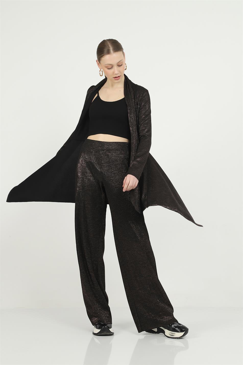 Women's Copper Leaf Black Knitted Wide Leg Pants