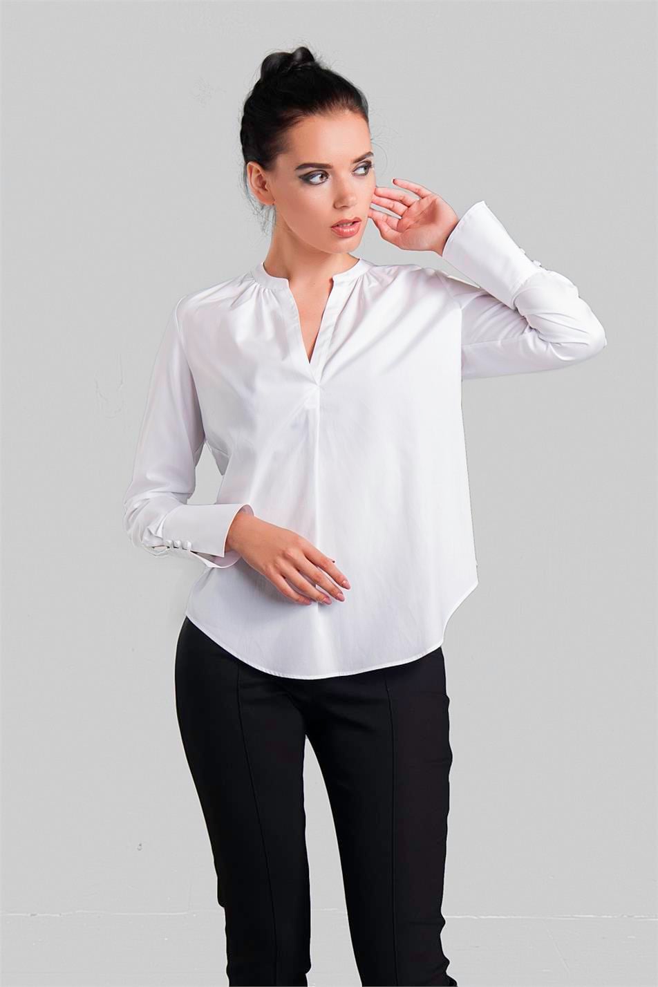 Women's White Cotton Cuff Detailed Poplin Shirt