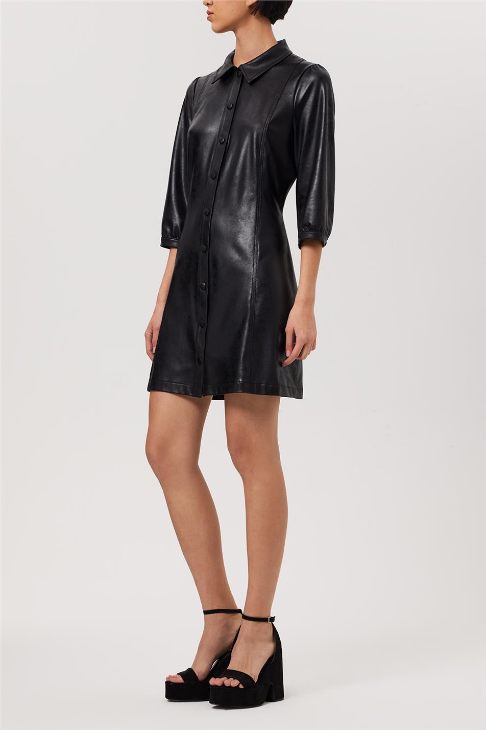 Women's Black Leather Look Shirt Collar Front Snap Buttoned Cup Dress