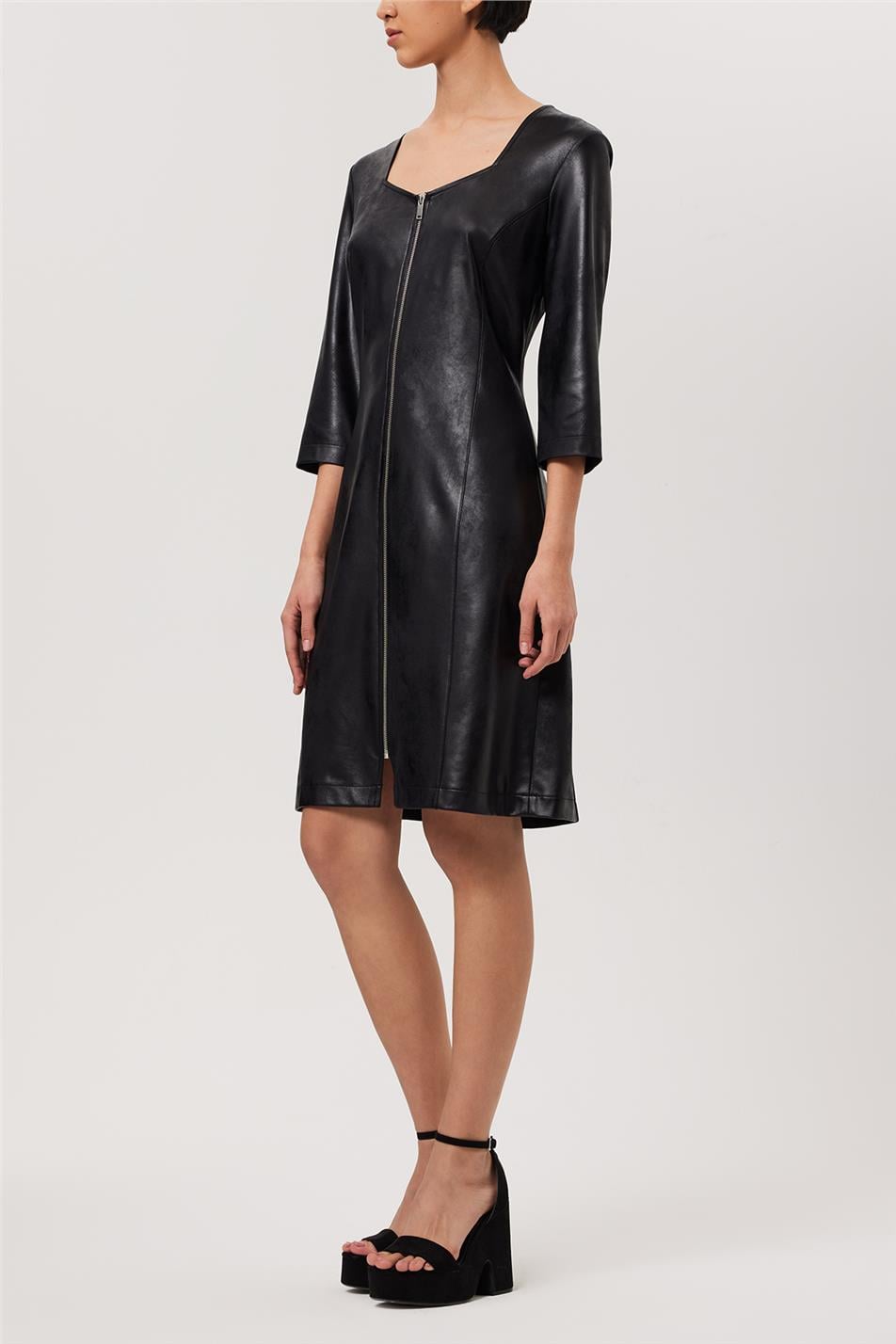 Women's Black Leather Look Cupped Kiss Collar Front Zipper Dress