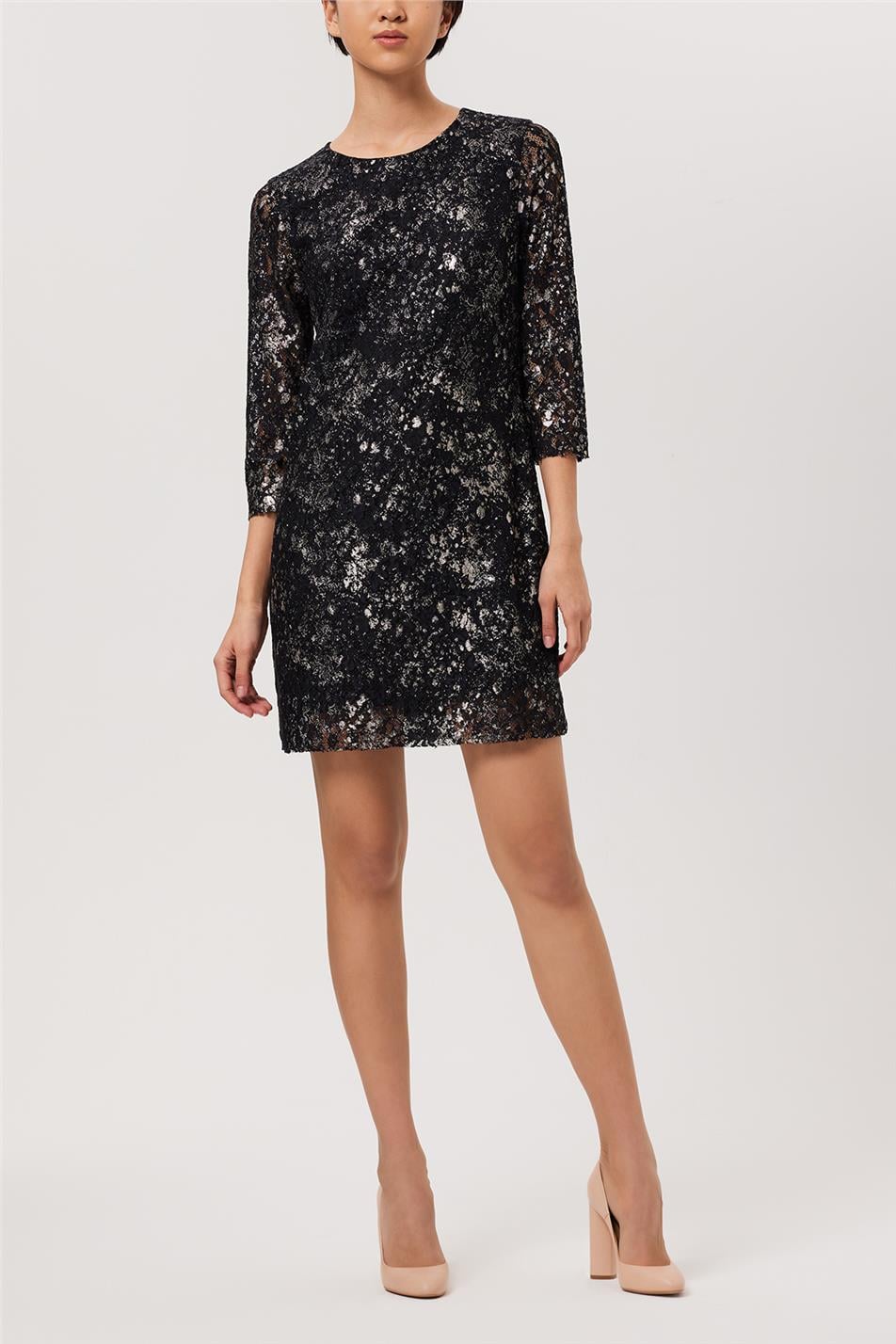 Women's Black Silver Foiled Three Quarter Sleeve Above Knee Lined Lace Dress