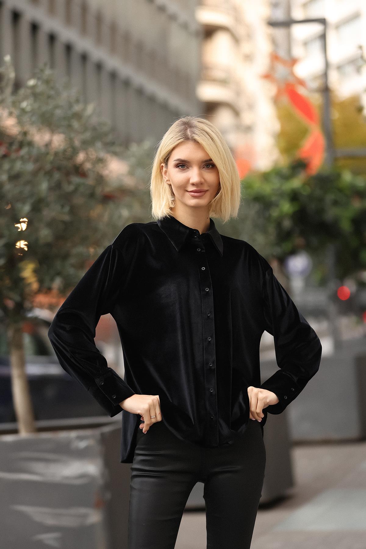 Kadın Siyah Kadife Gömlek