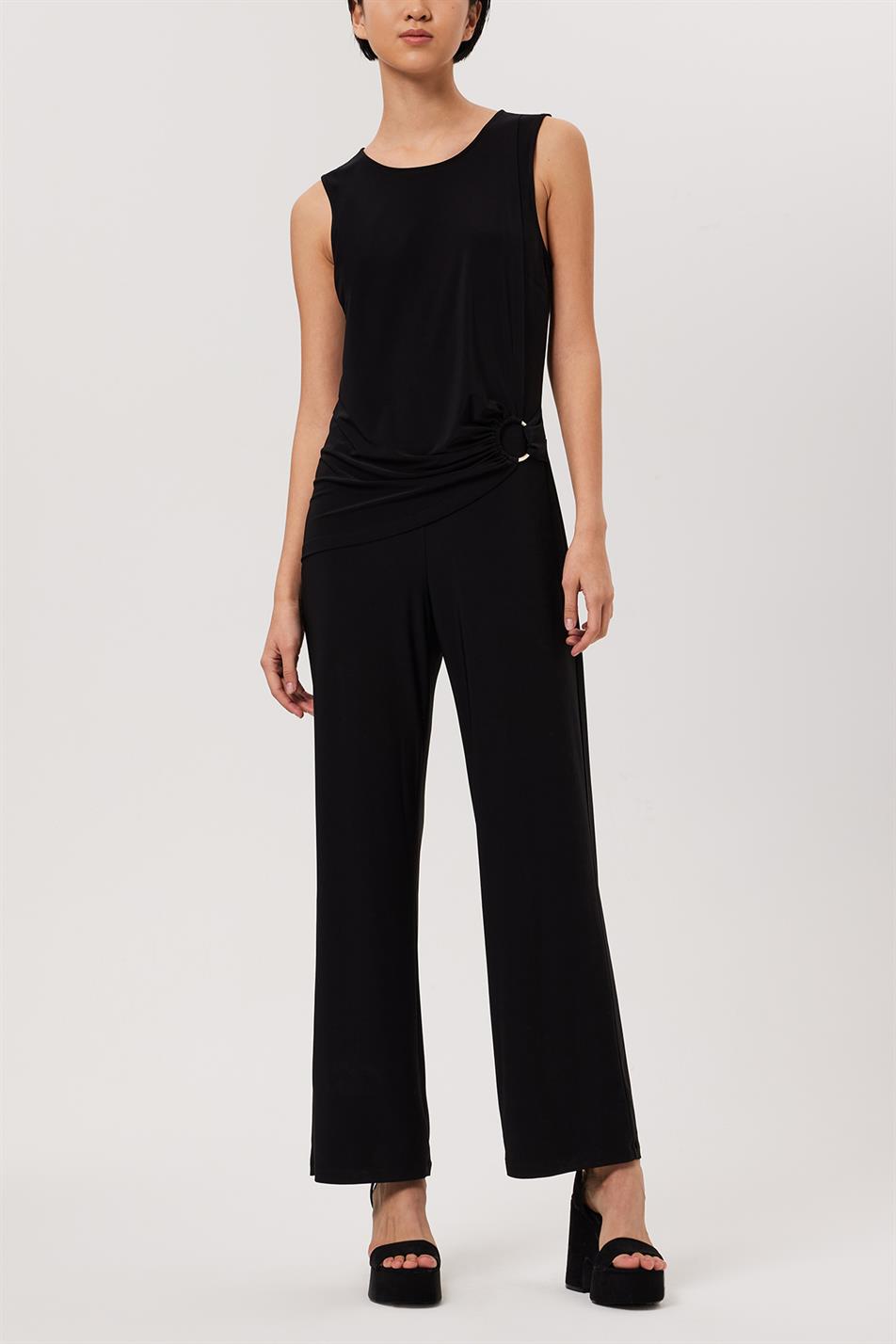 Women's Black Front Draped And Buckle Detailed Jumpsuit