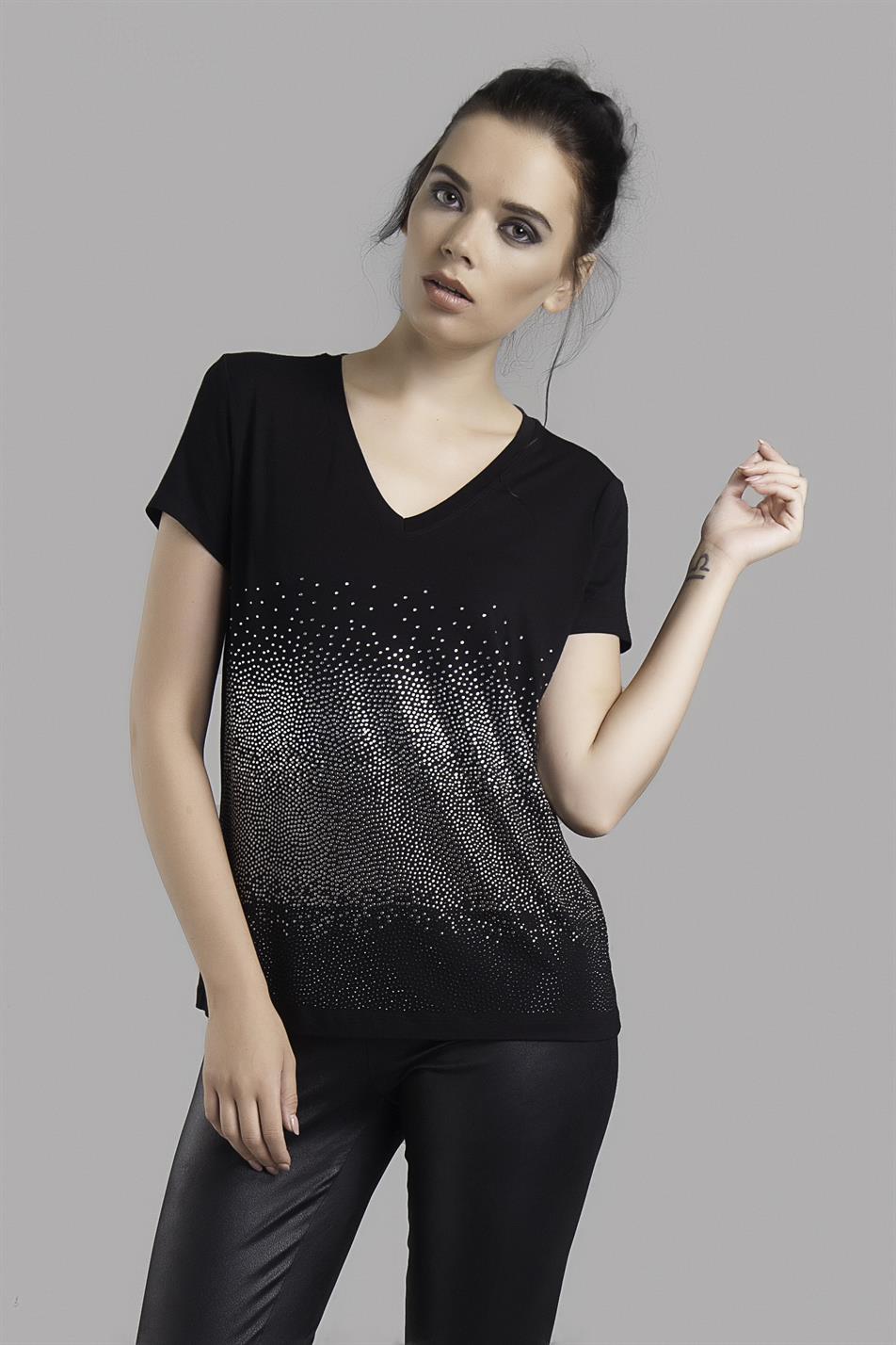 Women's Black Stone Detailed V-Neck Short Sleeve T-Shirt