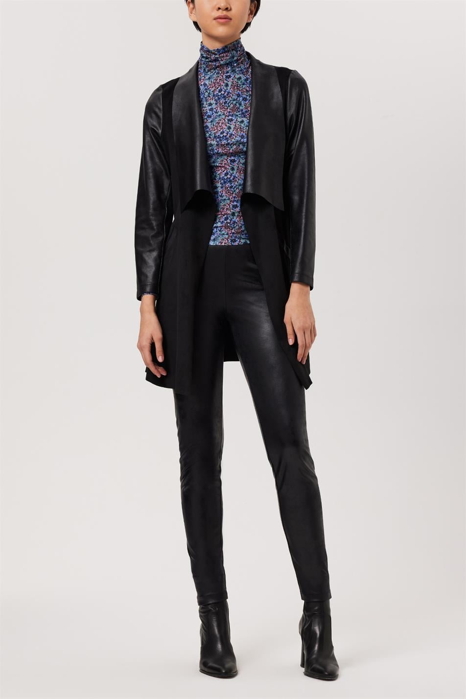 Women's Black Suede Sleeves And Collar Leather Look Shawl Collar Pocketed Jacket