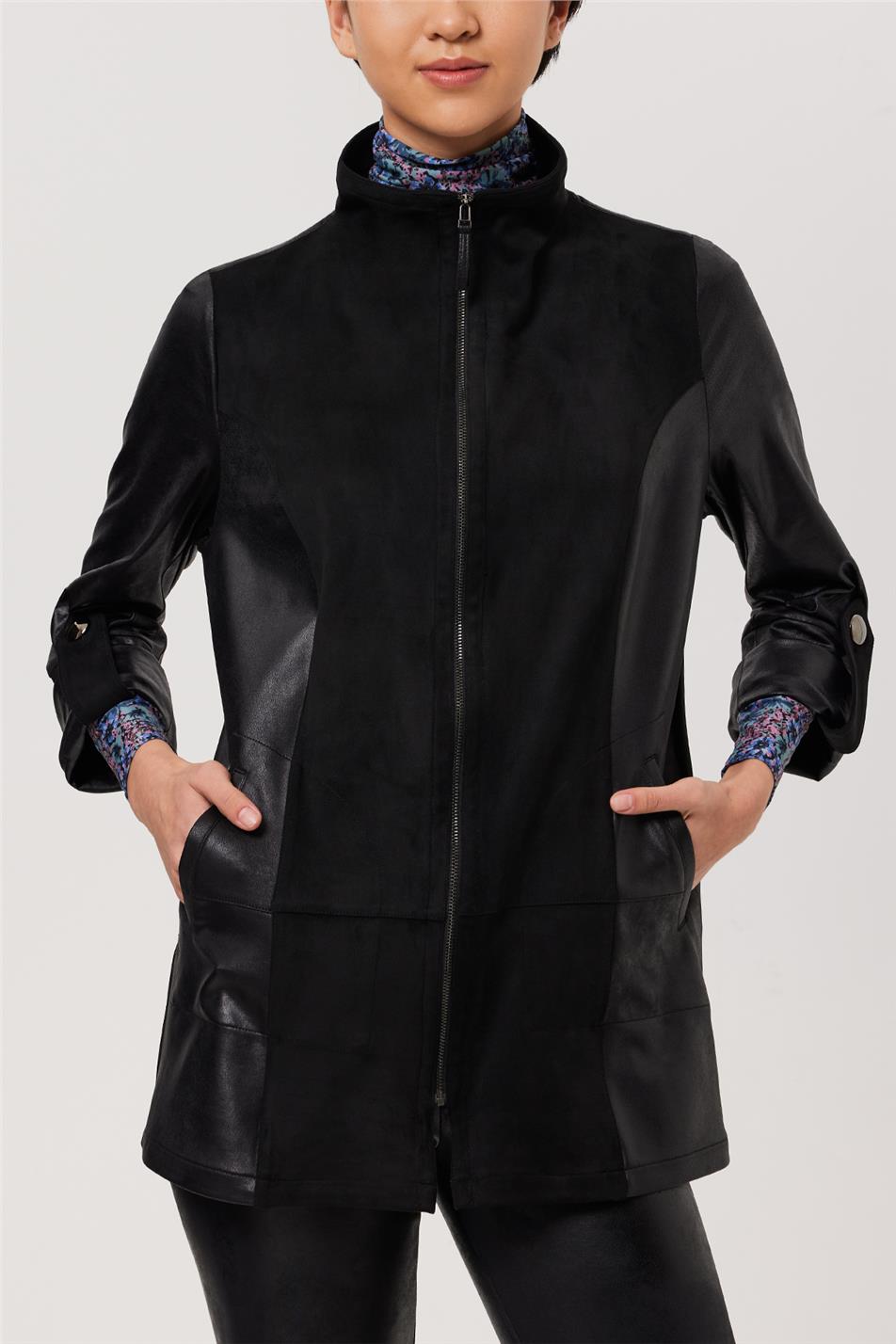 Women's Black Suede And Leather Look Turtleneck Sleeves Folded Pocket Jacket
