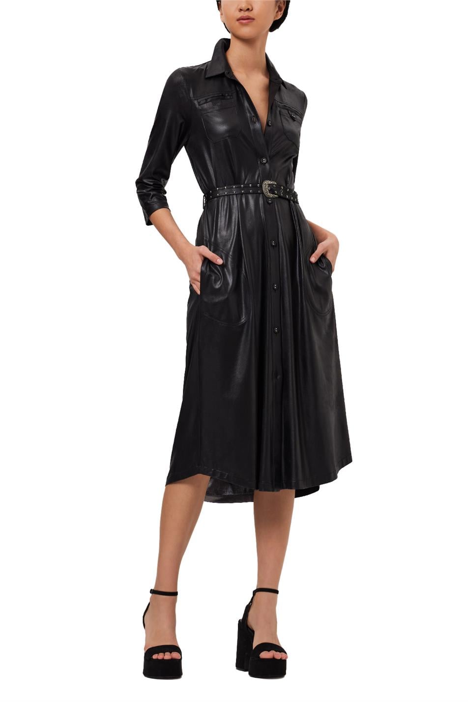 Women's Black Three Quarter Arm Belt Embroidered Front Buttoned Shirt Collar Midi Dress