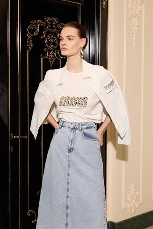 Taş İşlemeli Kot Etek