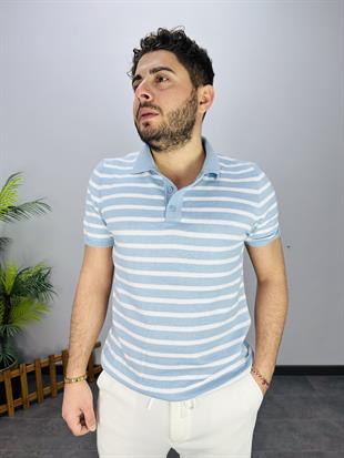 MAVİ YAKALI ÇİZGİLİ TRİKO T-SHİRT