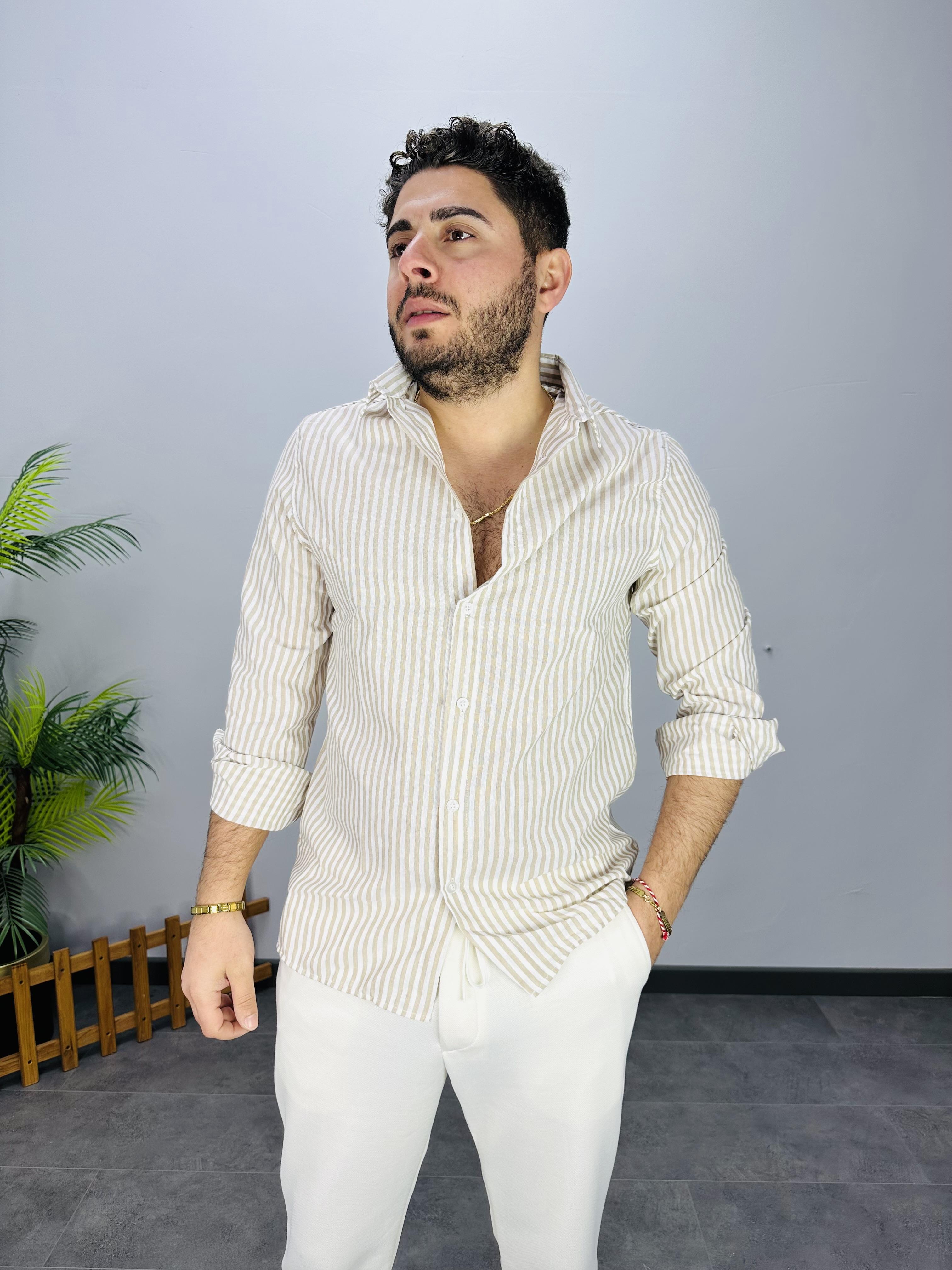 BEJ ÇİZGİLİ KETEN GÖMLEK