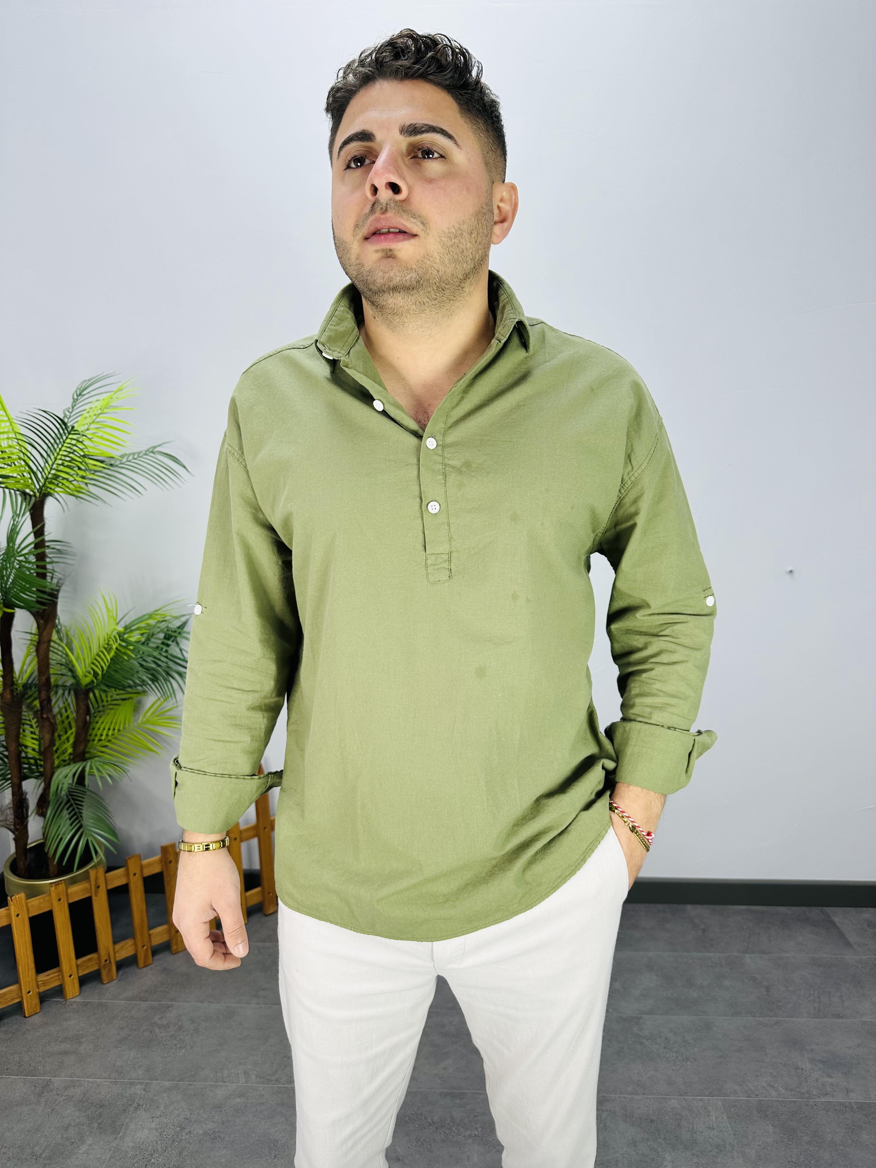HAKİ YEŞİL YARIM DÜĞMELİ KETEN GÖMLEK