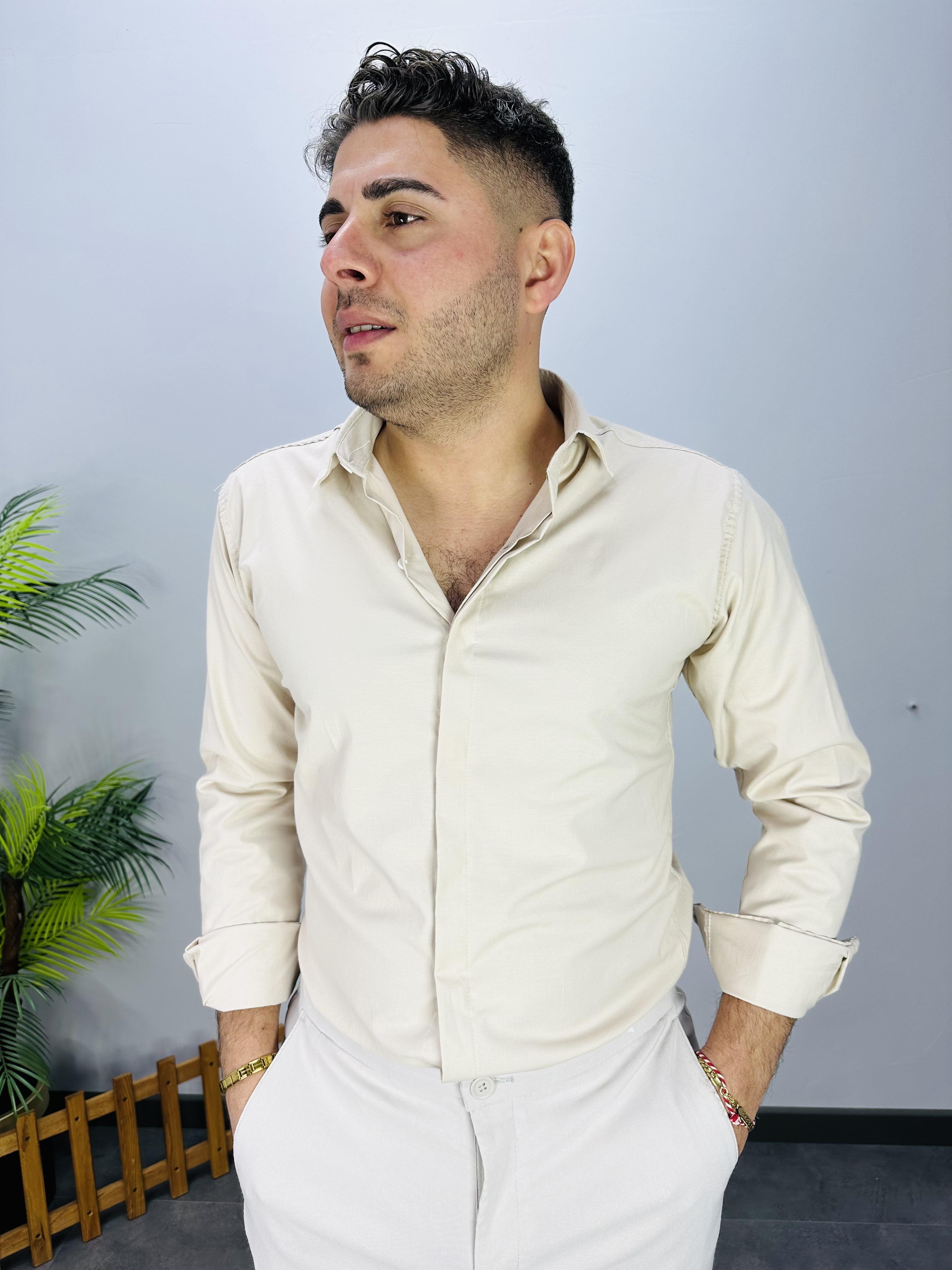 KREM GİZLİ PAT SLİM GÖMLEK