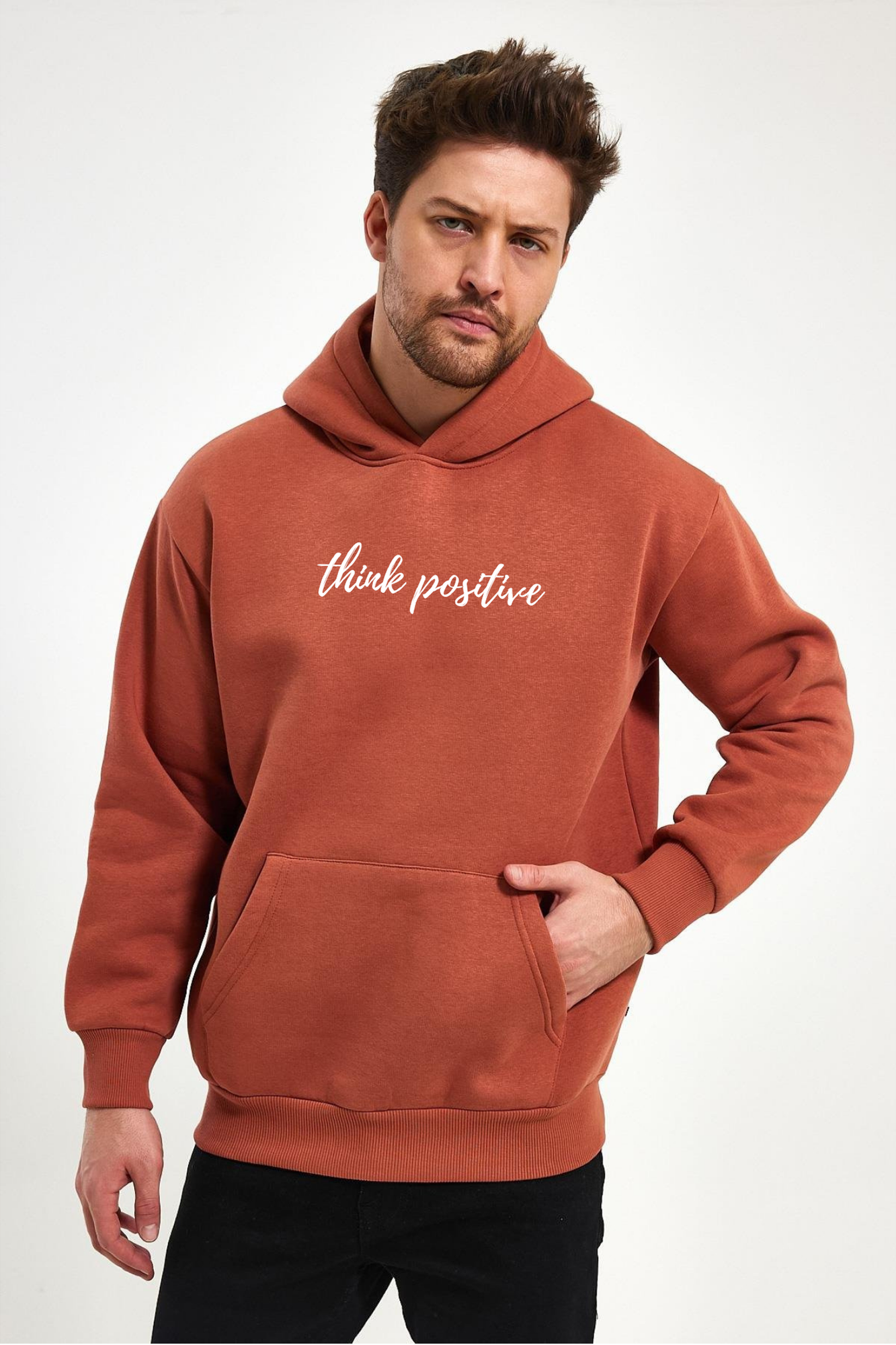 FİHA/2050-UNISEX BASKILI ŞARDONLU KAPŞONLU SWEAT - COPPER BROWN