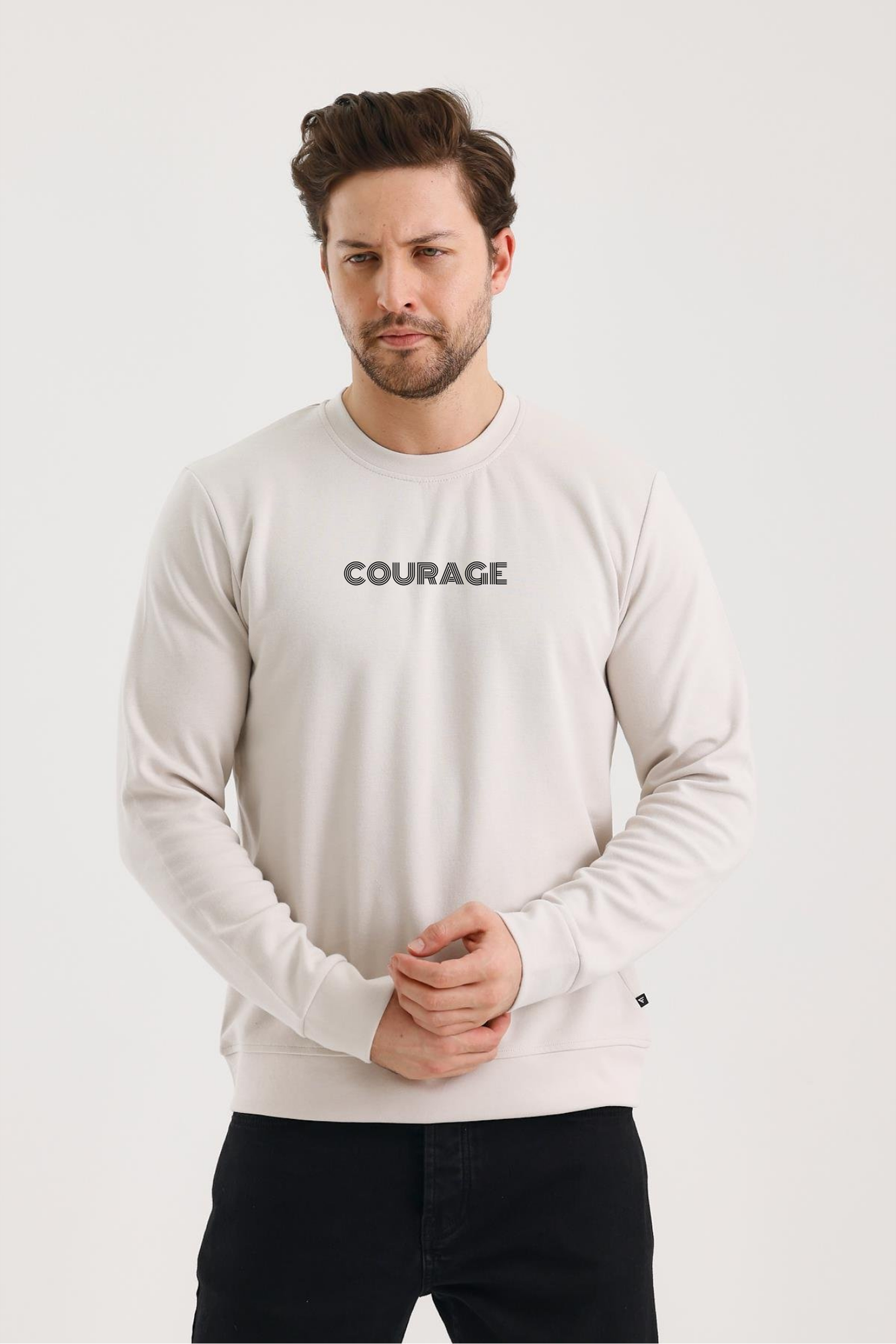 FİHA/2077-UNISEX BASKILI SIFIR YAKA SWEAT - TAŞ