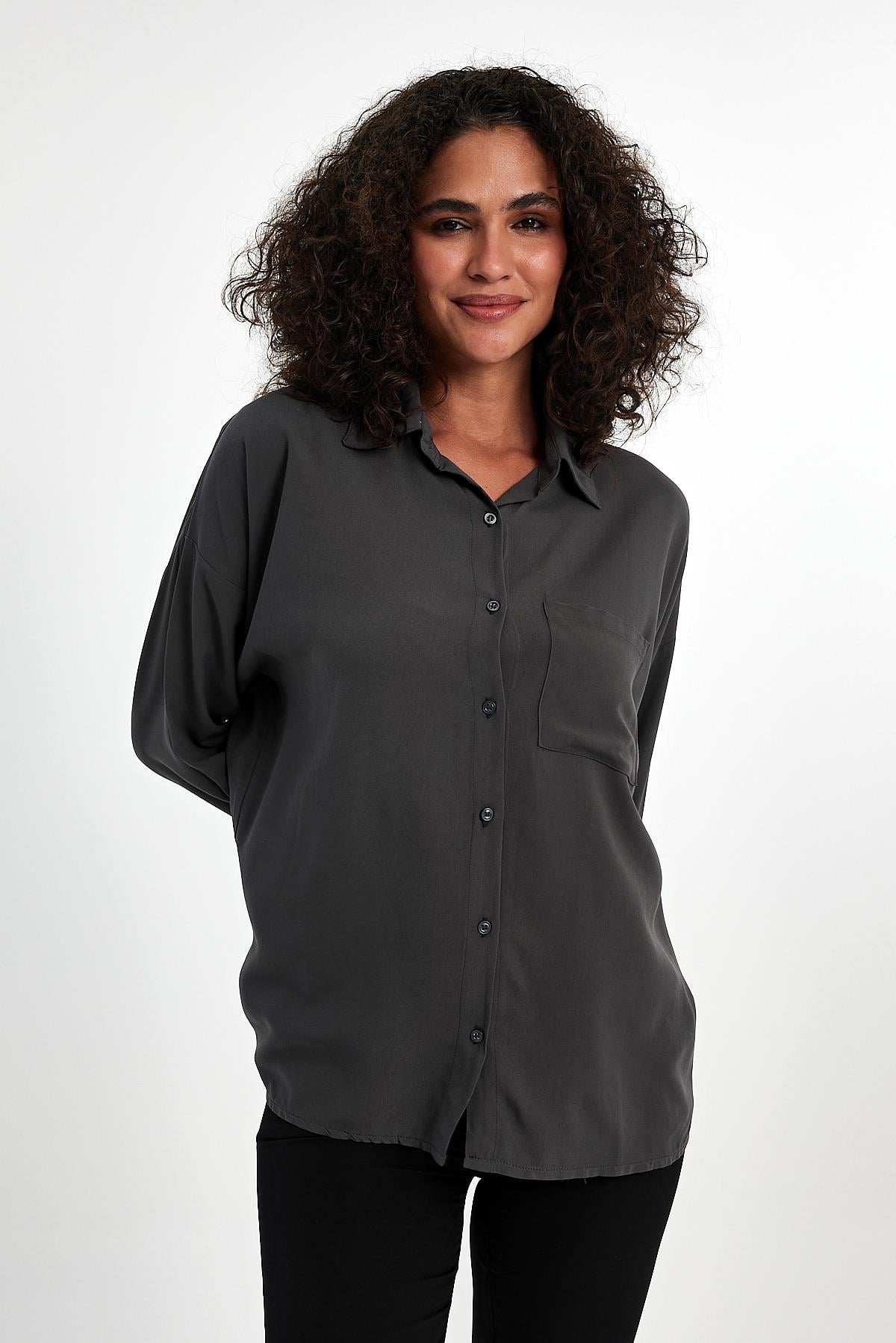 FİHA/3040-KADIN OVERSIZE POPLİN GÖMLEK - ANTRASİT