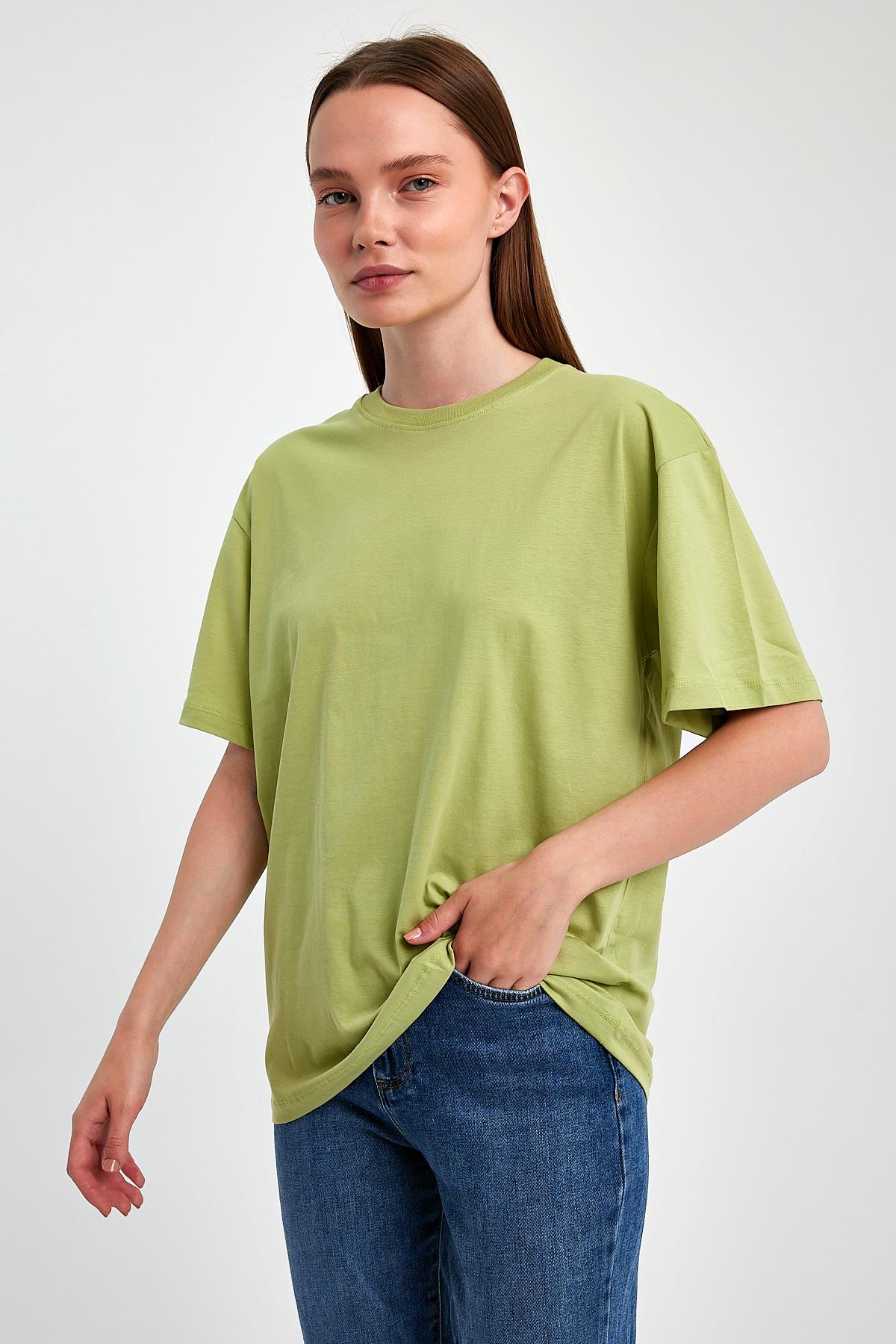 FİHA/3095-KADIN OVERSIZE T-SHIRT - FISTIK YEŞİLİ