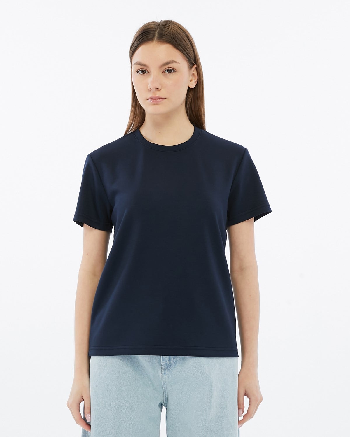 FİHA/3103-KADIN VİSKON LİKRALI DOUBLEFACE SIFIR YAKA TSHIRT - LACİVERT
