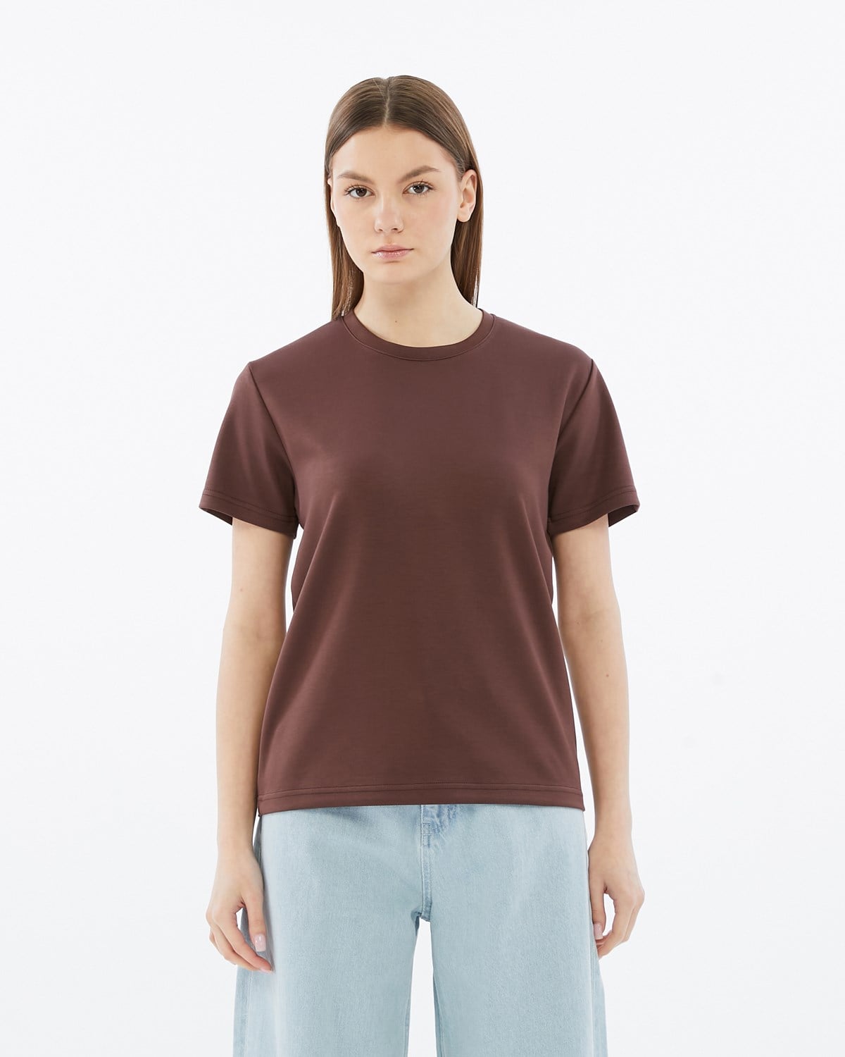 FİHA/3103-KADIN VİSKON LİKRALI DOUBLEFACE SIFIR YAKA TSHIRT - KAHVE