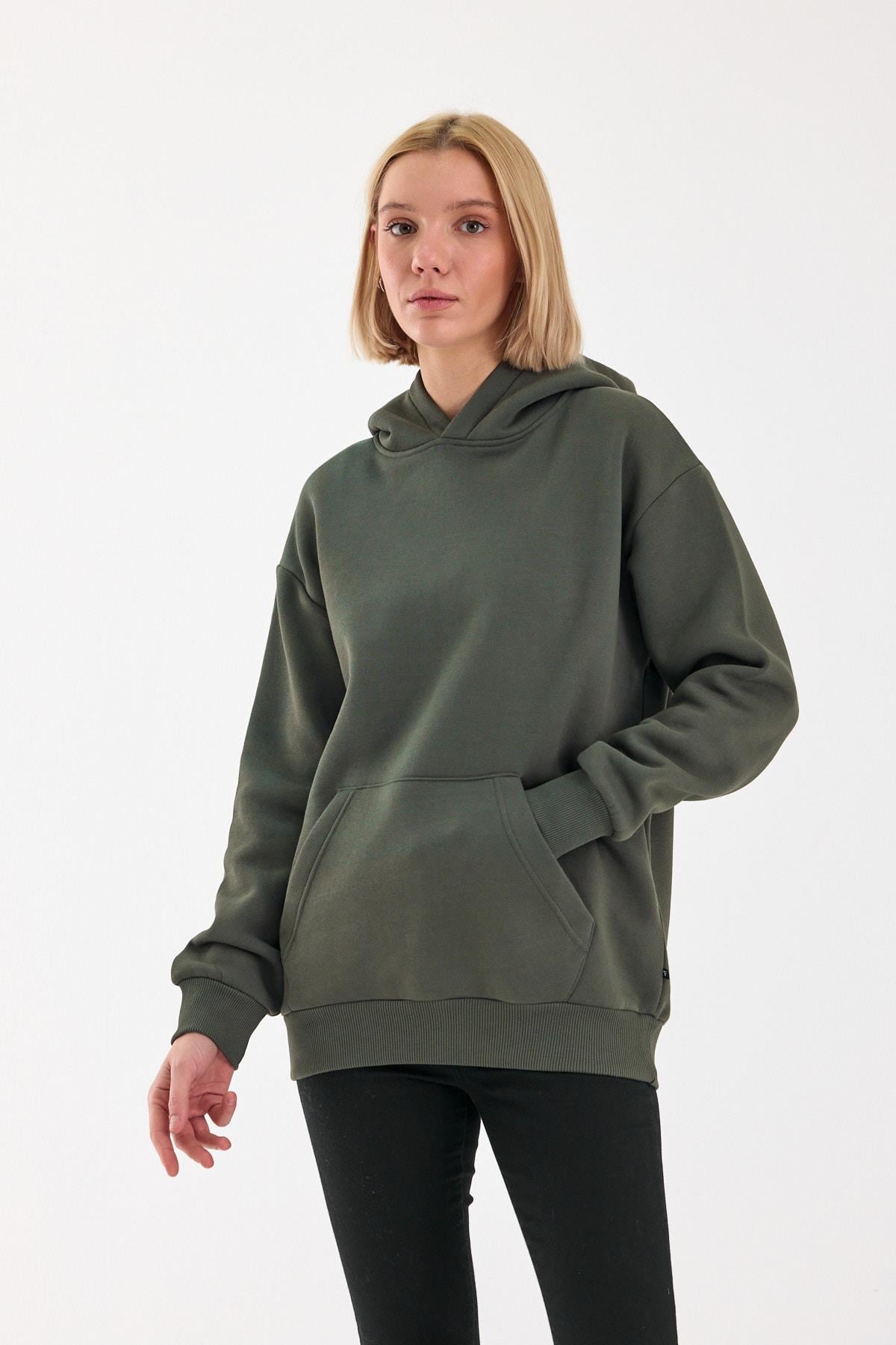 FİHA/5019-UNISEX 3 İPLİK ŞARDONLU KAPŞONLU SWEAT - HAKİ
