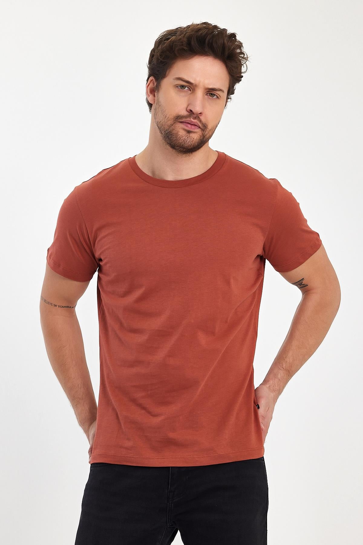 FİHA/7010-ERKEK COMPACT PENYE SIFIR YAKA T-SHIRT - COPPER BROWN