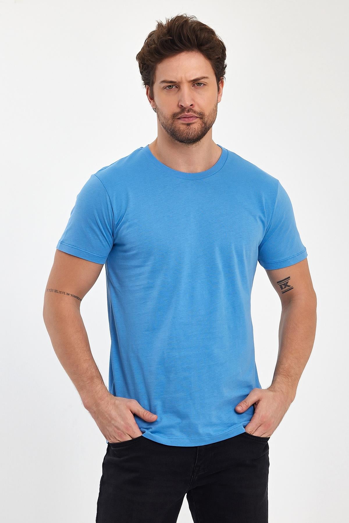 FİHA/7010-ERKEK COMPACT PENYE SIFIR YAKA T-SHIRT - LICHEN BLUE