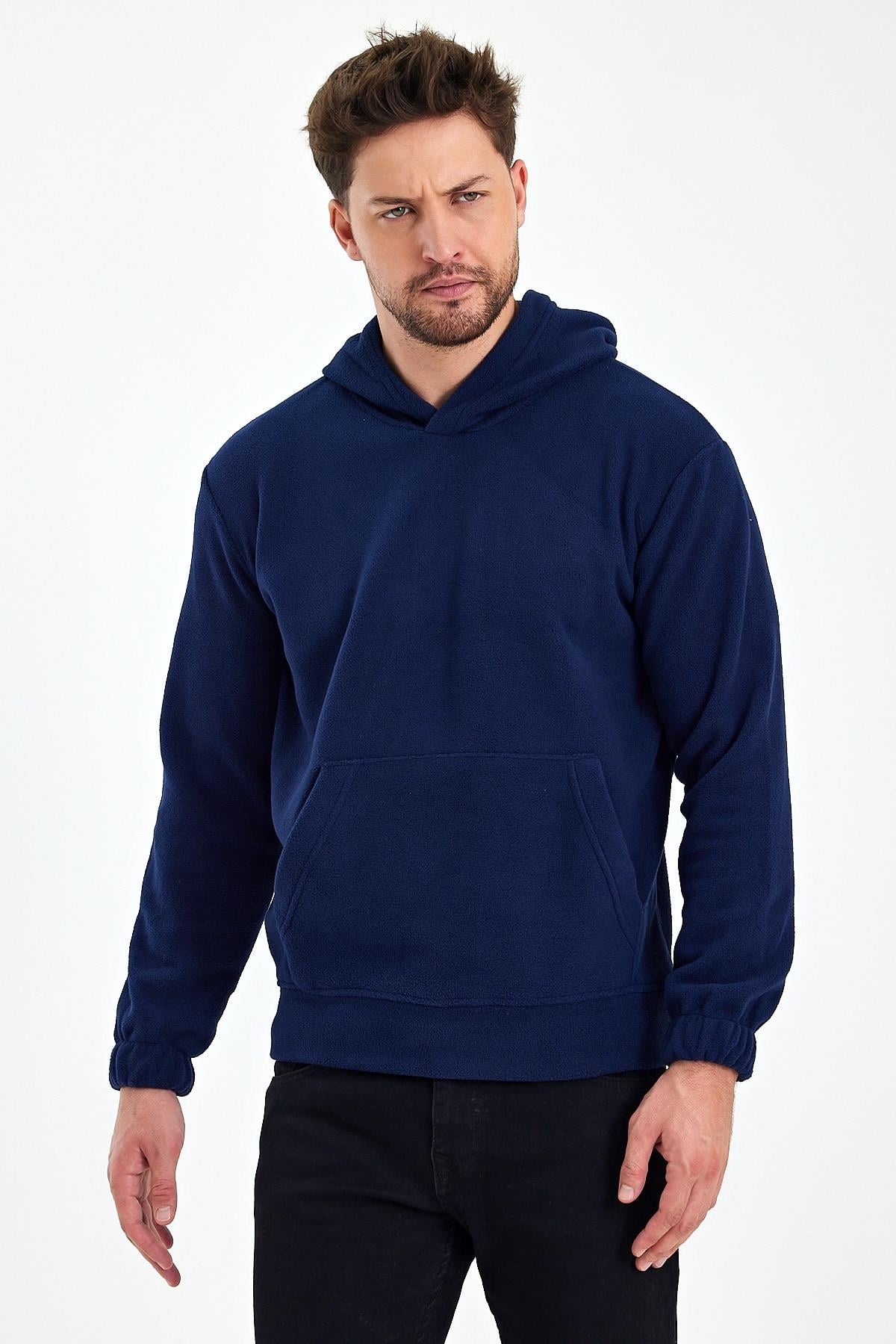 FİHA/8811-ERKEK POLAR KAPŞONLU KANGURU CEPLİ SWEAT - LACİVERT