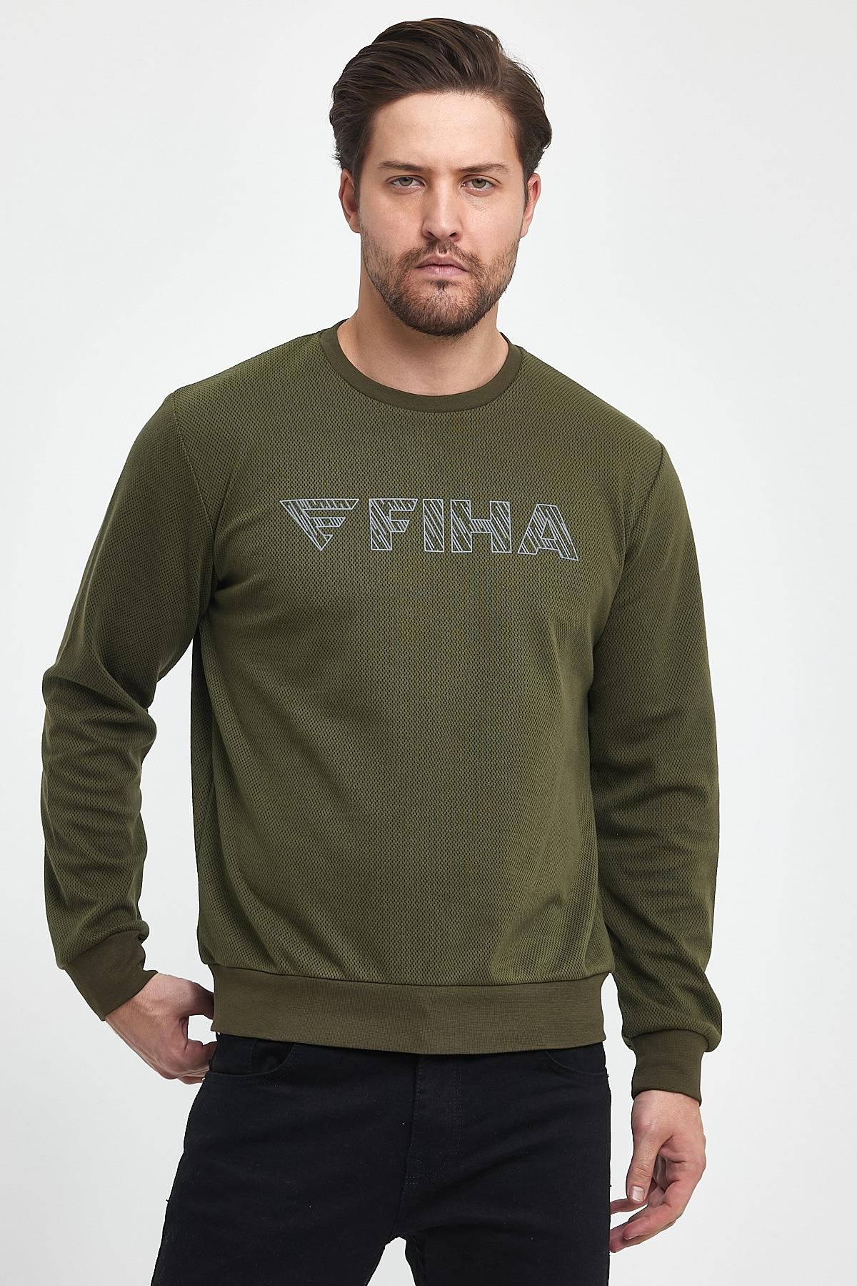 FİHA/9015-ERKEK BASKILI YAGMUR DESEN SIFIR YAKA SWEAT - HAKİ