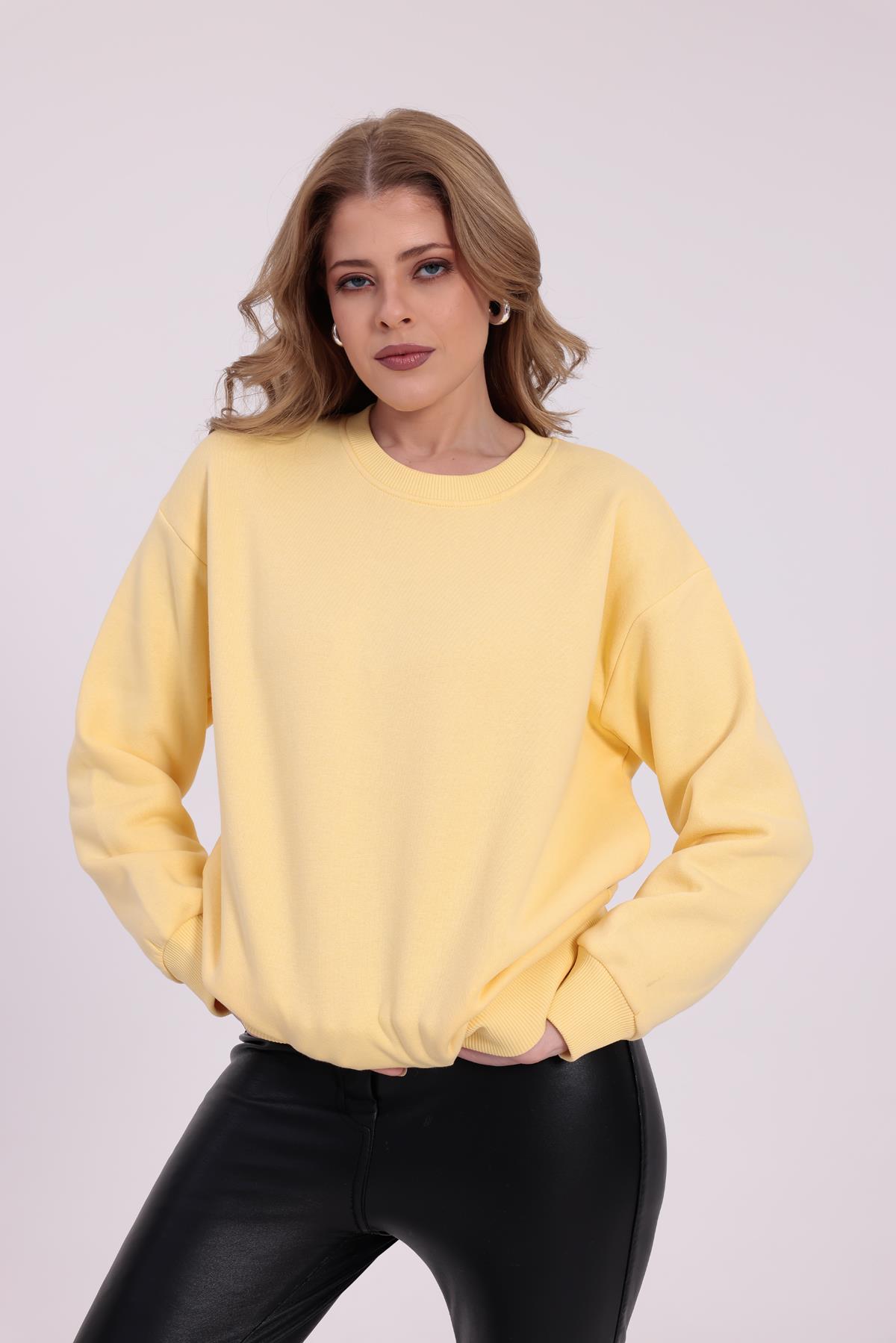 FİHA/9091-KADIN ŞARDONLU OVERSIZE SIFIR YAKA SWEAT - SARI