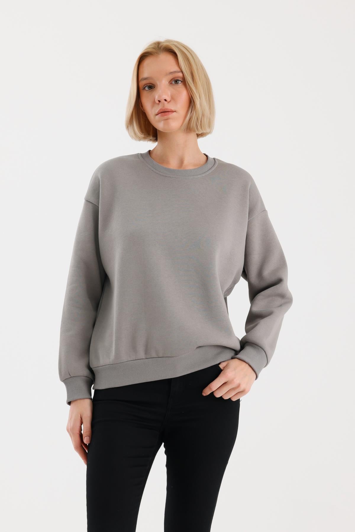 FİHA/9091-KADIN ŞARDONLU OVERSIZE SIFIR YAKA SWEAT - GRİ