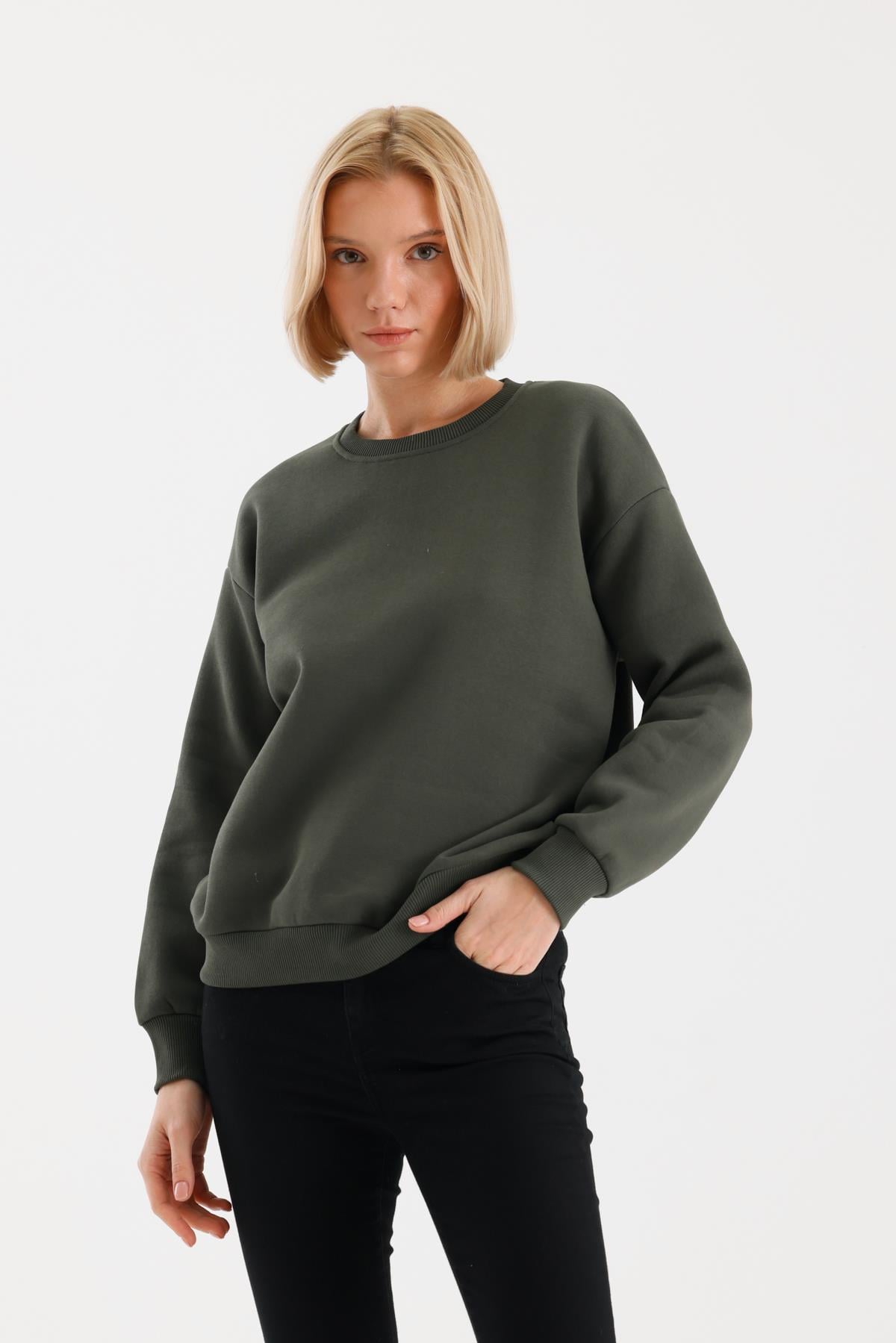 FİHA/9091-KADIN ŞARDONLU OVERSIZE SIFIR YAKA SWEAT - HAKİ