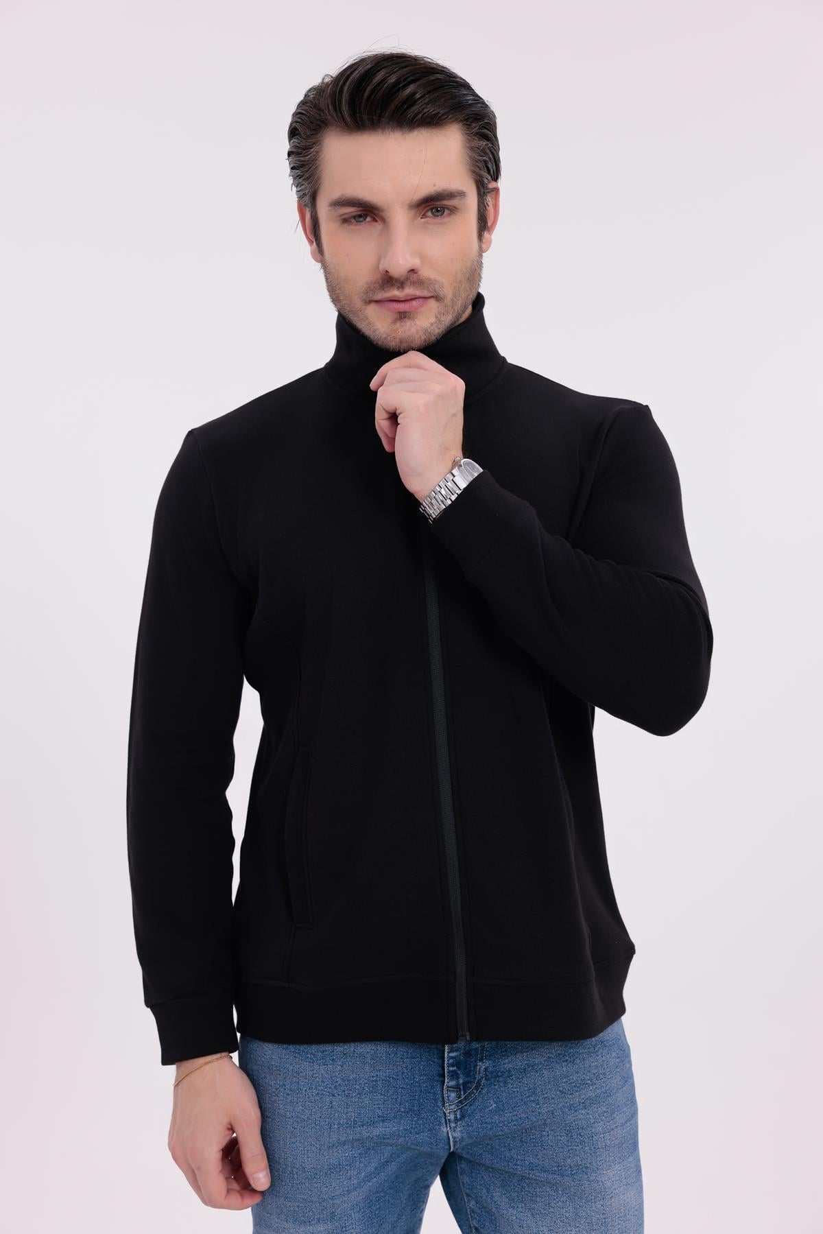 FİHA/9120-ERKEK PİKE DİK YAKA FERMUARLI SWEAT - SİYAH