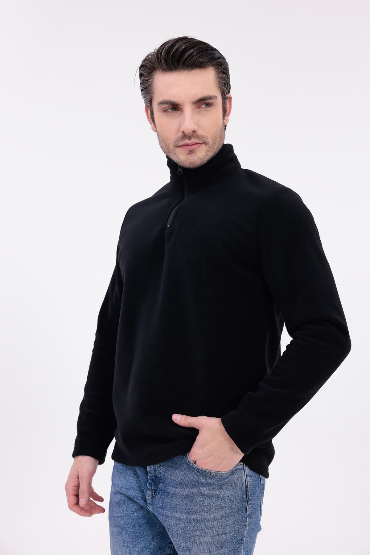 FİHA/9125-ERKEK YARIM FERMUARLI DİK YAKA POLAR SWEAT - SİYAH