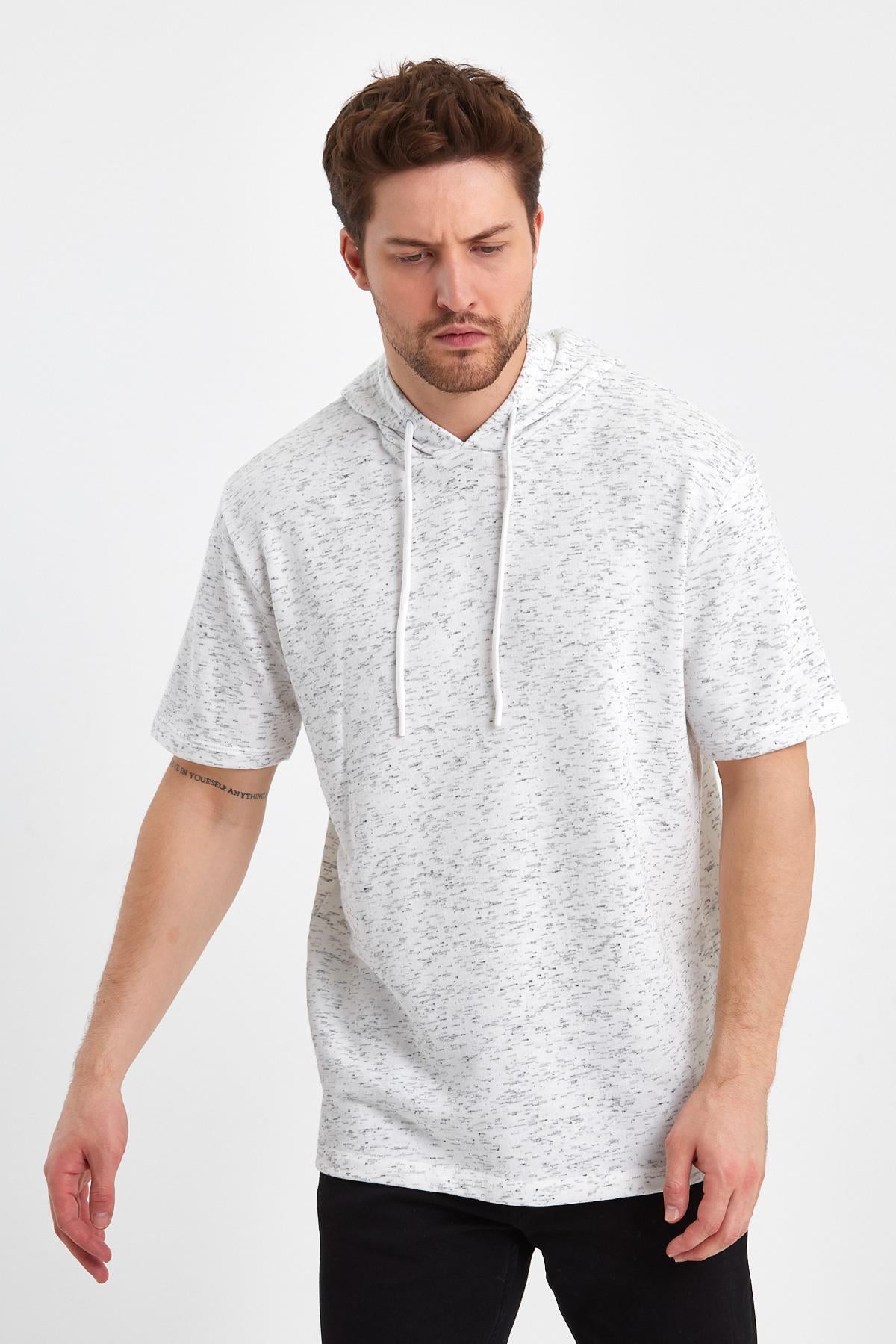 FİHA/BAZAR-7009 ERKEK KAPŞONLU KISSA KOL T-SHIRT - BEYAZ