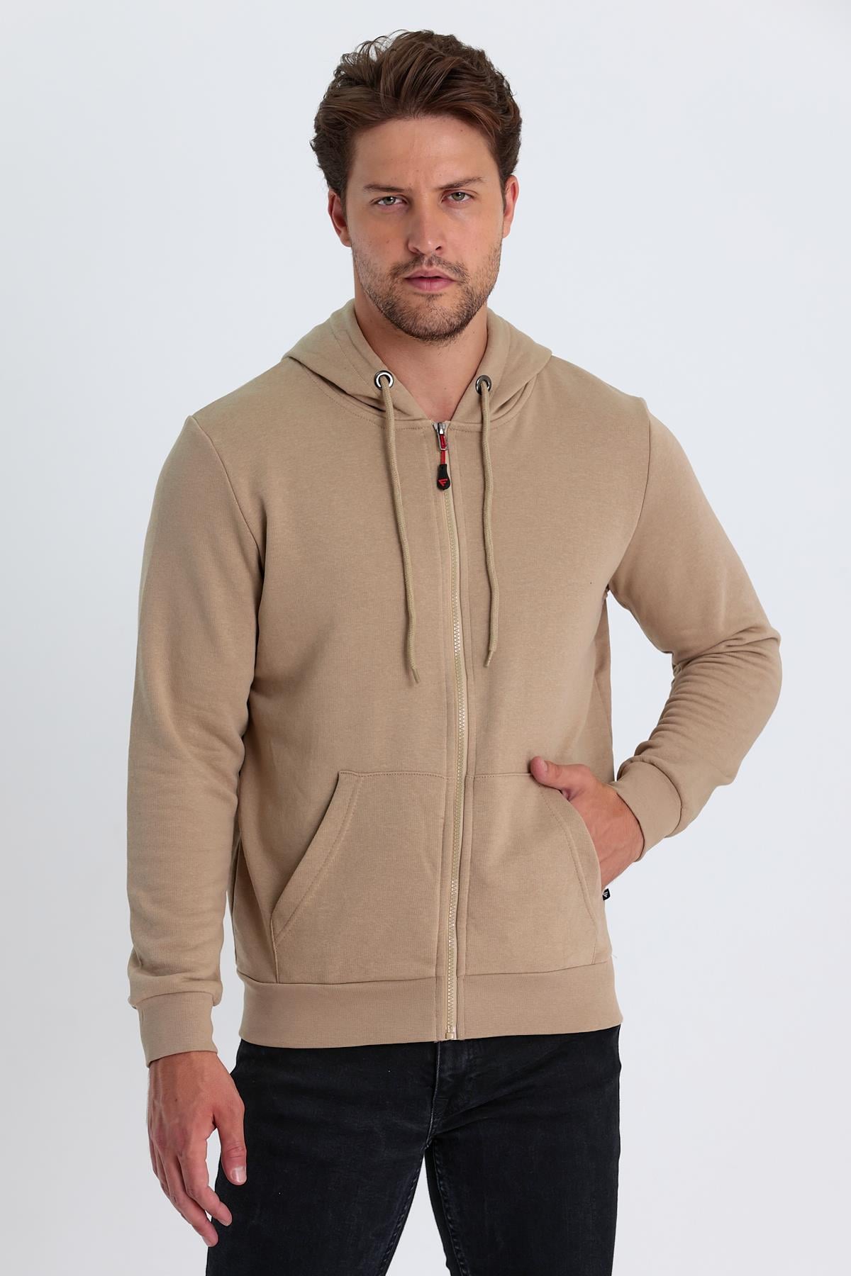 FİHA/NİRE-8124 ERKEK FERMUARLI KAPŞ.KANGURU CEPLİ SWEAT - EKRU
