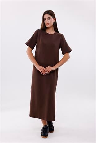 FİHA/3053-KADIN UZUN ELBİSE - CHOCOLATE BROWN