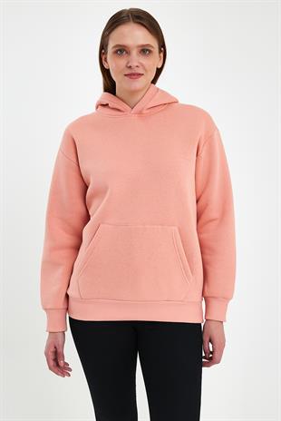 FİHA/5019-UNISEX 3 İPLİK ŞARDONLU KAPŞONLU SWEAT - APRICOT CRUSH
