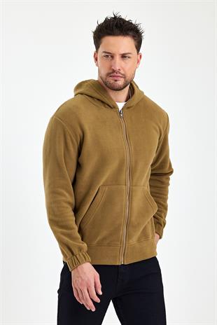 FİHA/8967-ERKEK POLAR FERMUARLI KOLU LASTIKLI SWEAT - AÇIK KAHVE