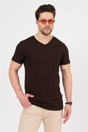 FİHA/9035-ERKEK COMPACT PENYE V YAKA T-SHIRT - KAHVE
