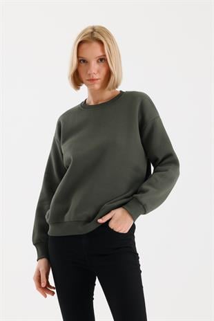 FİHA/9091-KADIN ŞARDONLU OVERSIZE SIFIR YAKA SWEAT - HAKİ