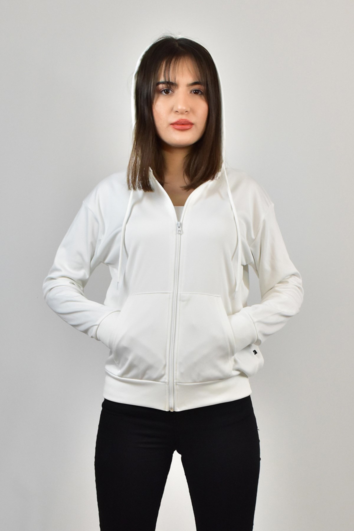 AKAT KAPŞONLU FERMUARLI SWEATSHİRT BEYAZ