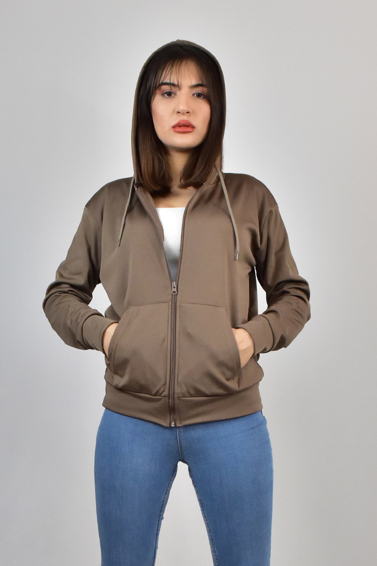 AKAT KAPŞONLU FERMUARLI SWEATSHİRT KAHVERENGİ