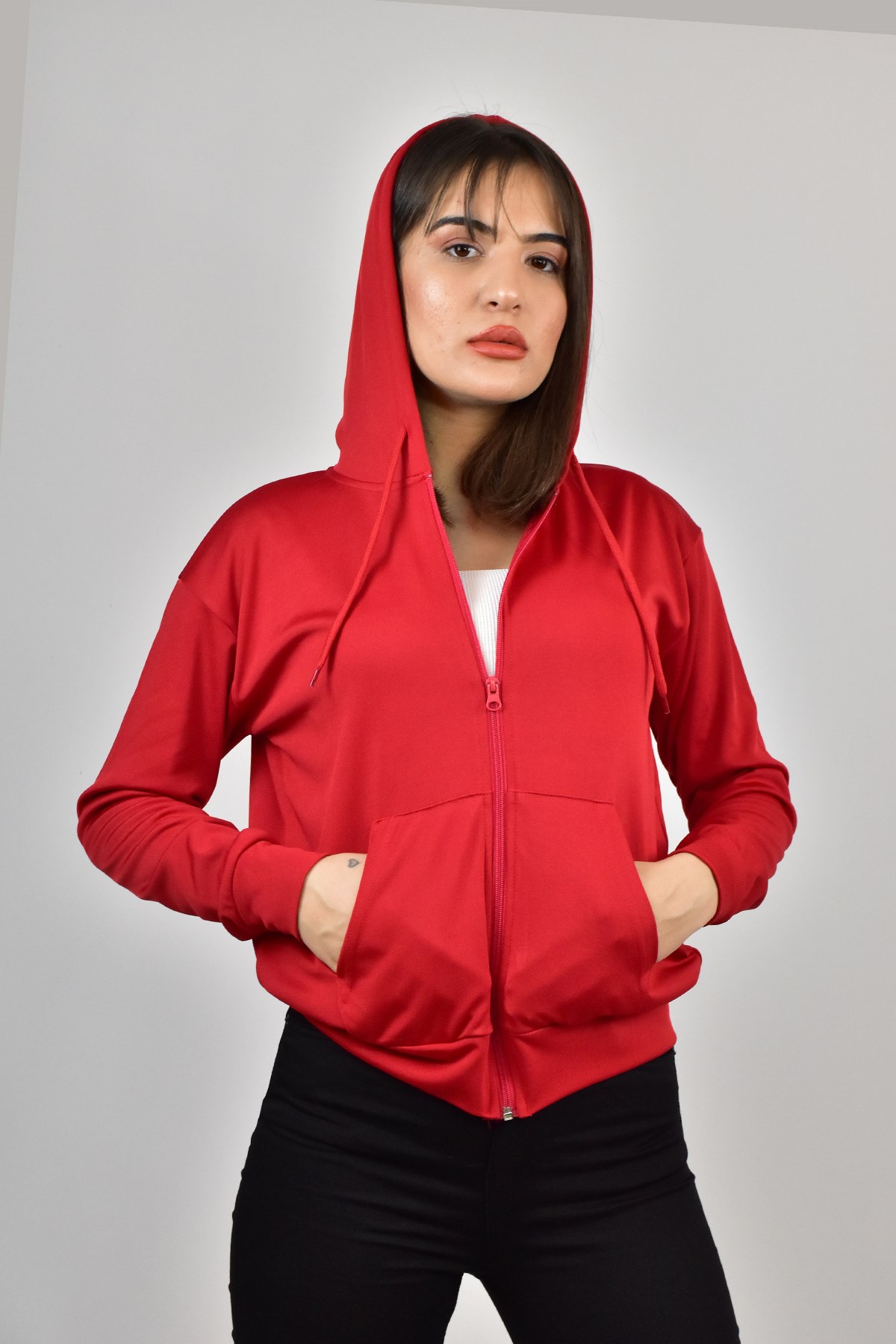 AKAT KAPŞONLU FERMUARLI SWEATSHİRT KIRMIZI