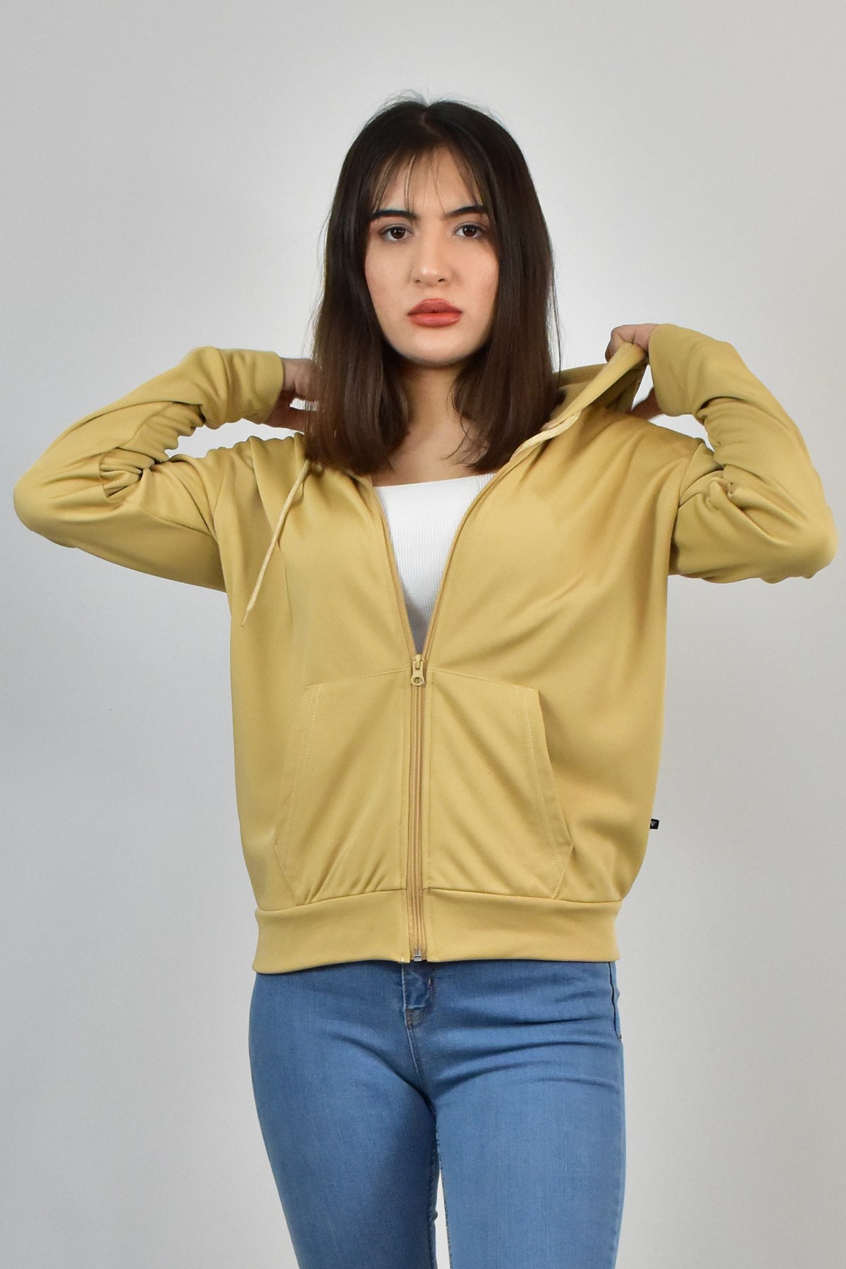 AKAT KAŞONLU FERMUARLI SWEATSHİRT EKRU