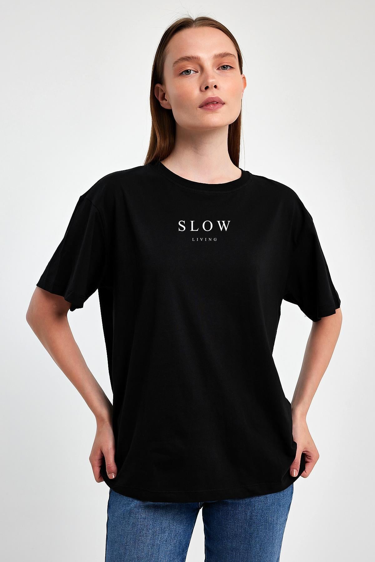 FİHA/2069-KADIN BASKILI OVERSIZE T-SHIRT - SİYAH