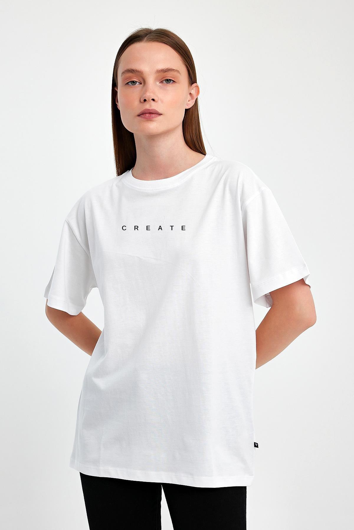 FİHA/2071-KADIN BASKILI OVERSIZE T-SHIRT - BEYAZ