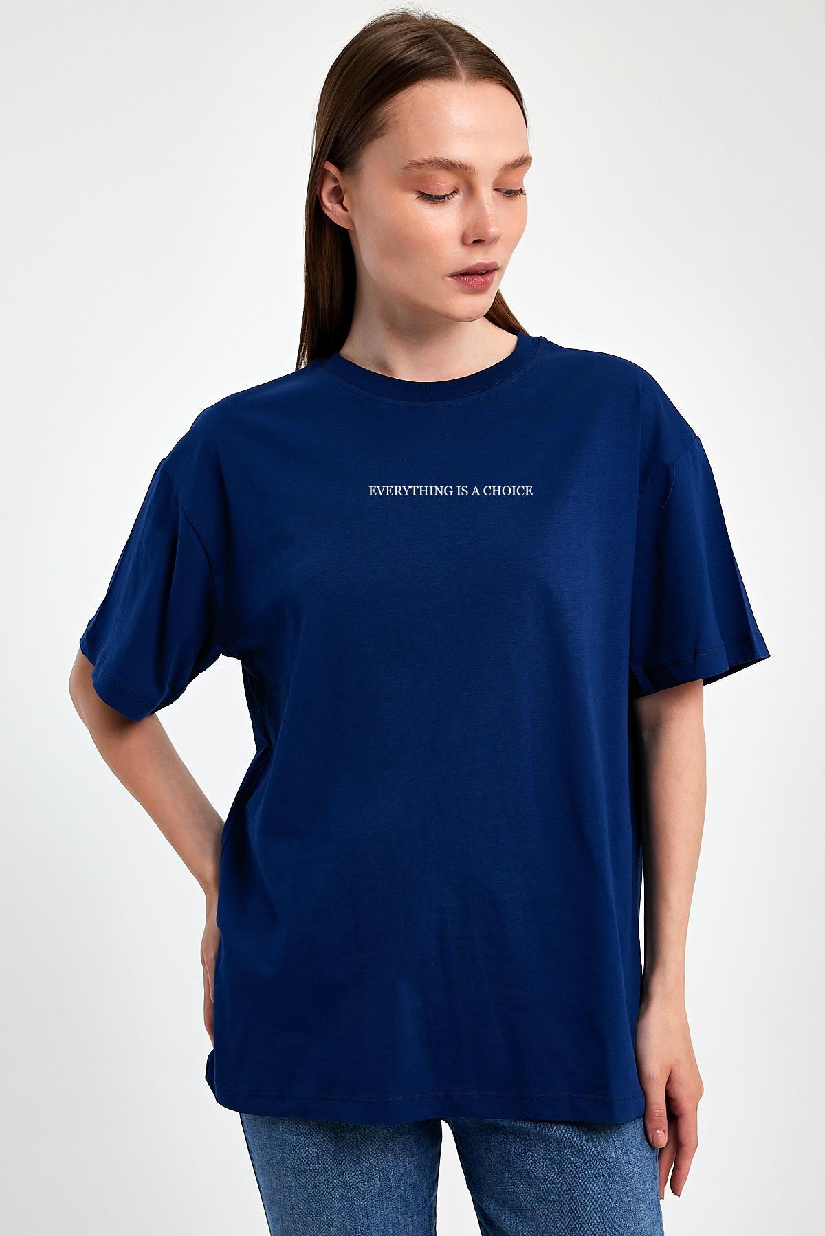 FİHA/2072-KADIN BASKILI OVERSIZE T-SHIRT - LACİVERT