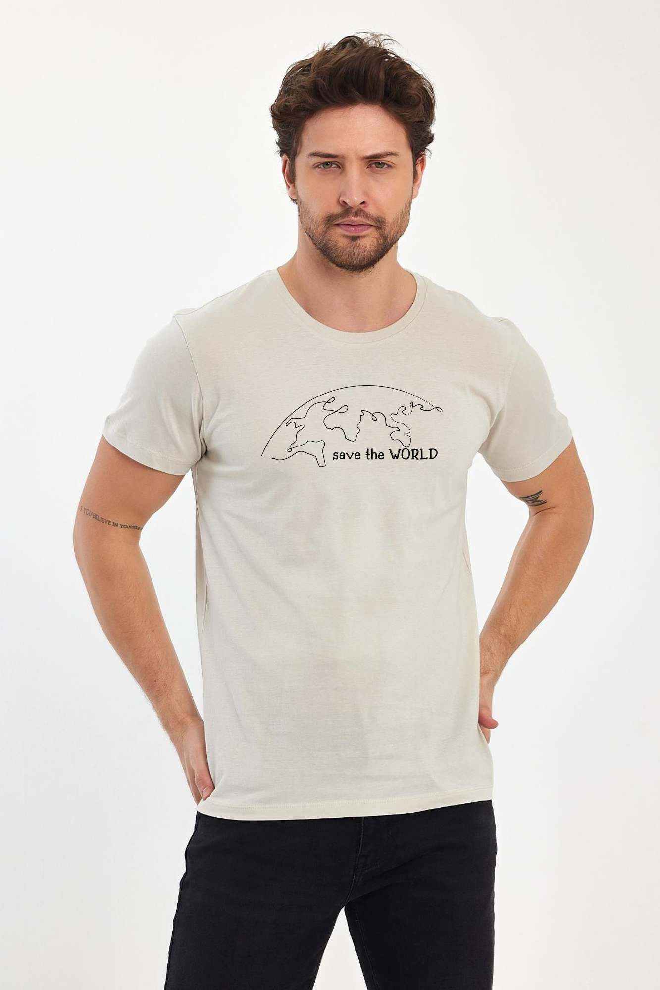 FİHA/2076-ERKEK BASKILI KOMPAK SIFIR YAKA TSHIRT - TAŞ