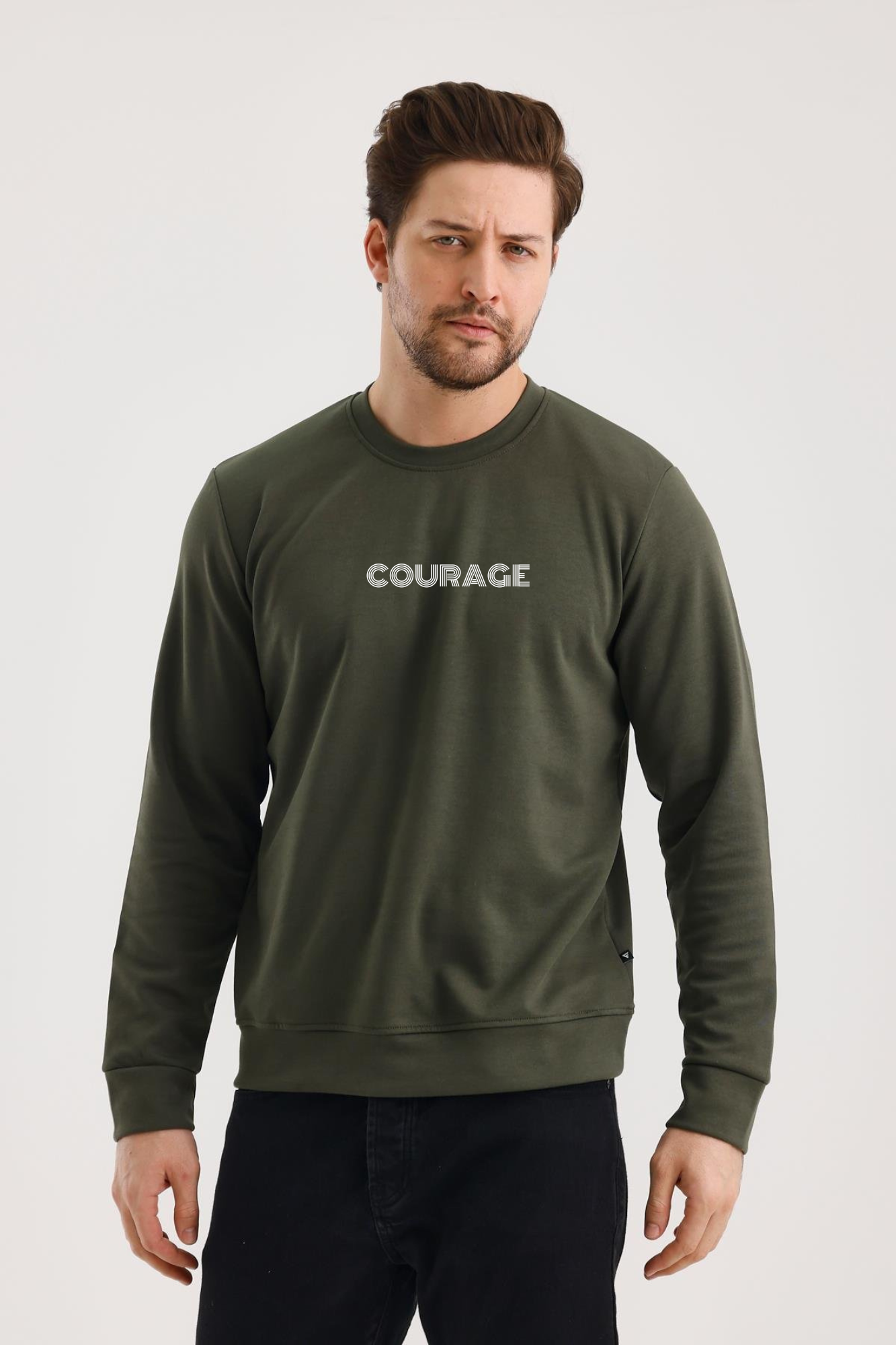 FİHA/2077-UNISEX BASKILI SIFIR YAKA SWEAT - HAKİ